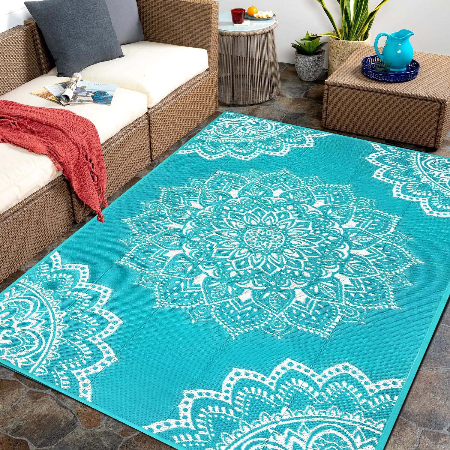 Yamaziot Waterproof Outdoor Rug 5x8 ft, Reversible Plastic Straw Rug