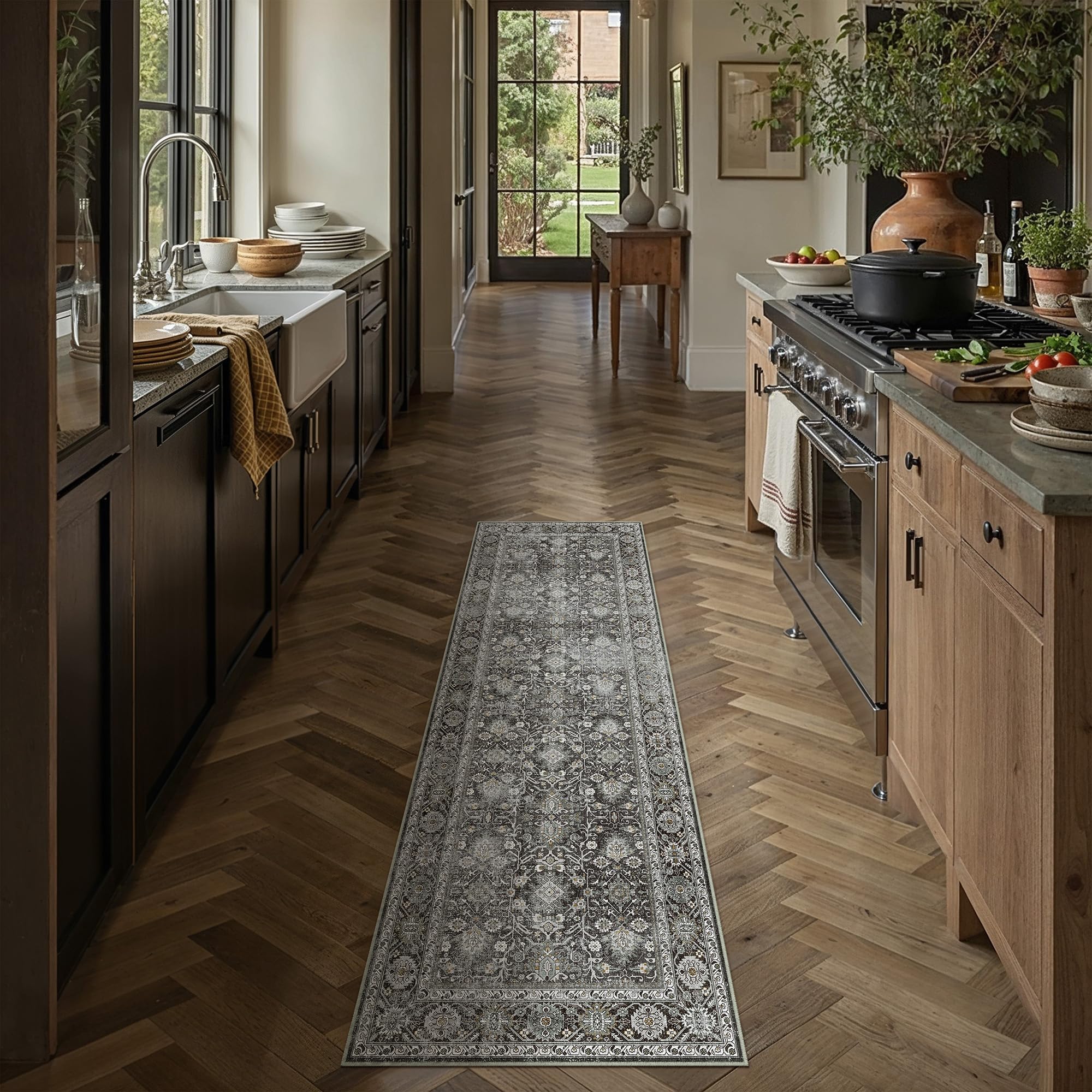 PureCozy Black Runner Rug 2x5 Vintage Traditional Distressed