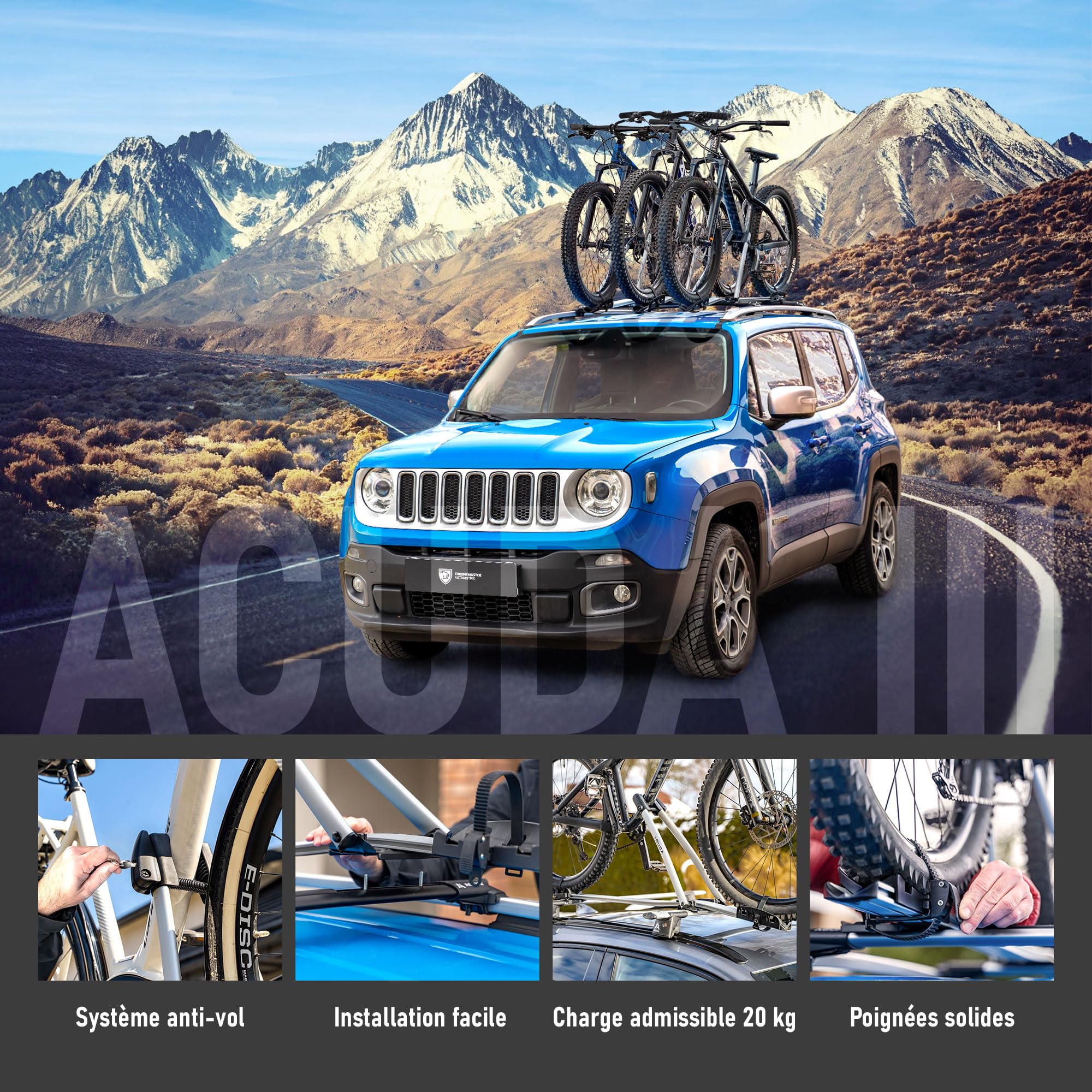 AGURI ACUDA III | Porte-vélos, Porte-vélos de Toit, Support-vélos Universel pour Le Toit de la Voiture, verrouillable | Capacité de Charge jusqu'à 20 kg | Structure en Aluminium résistante | TÜV