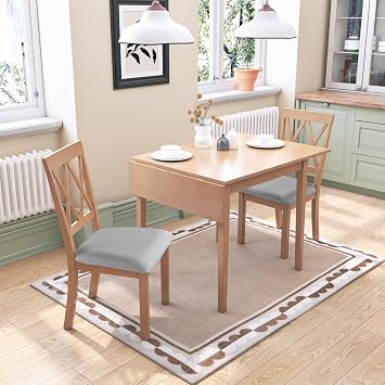 P PURLOVE 3 Piece Dining Table Set for 2,Small Kitchen Table and Chairs of 2,Wood Drop Leaf Dining Table and 2 Chairs for Small Places