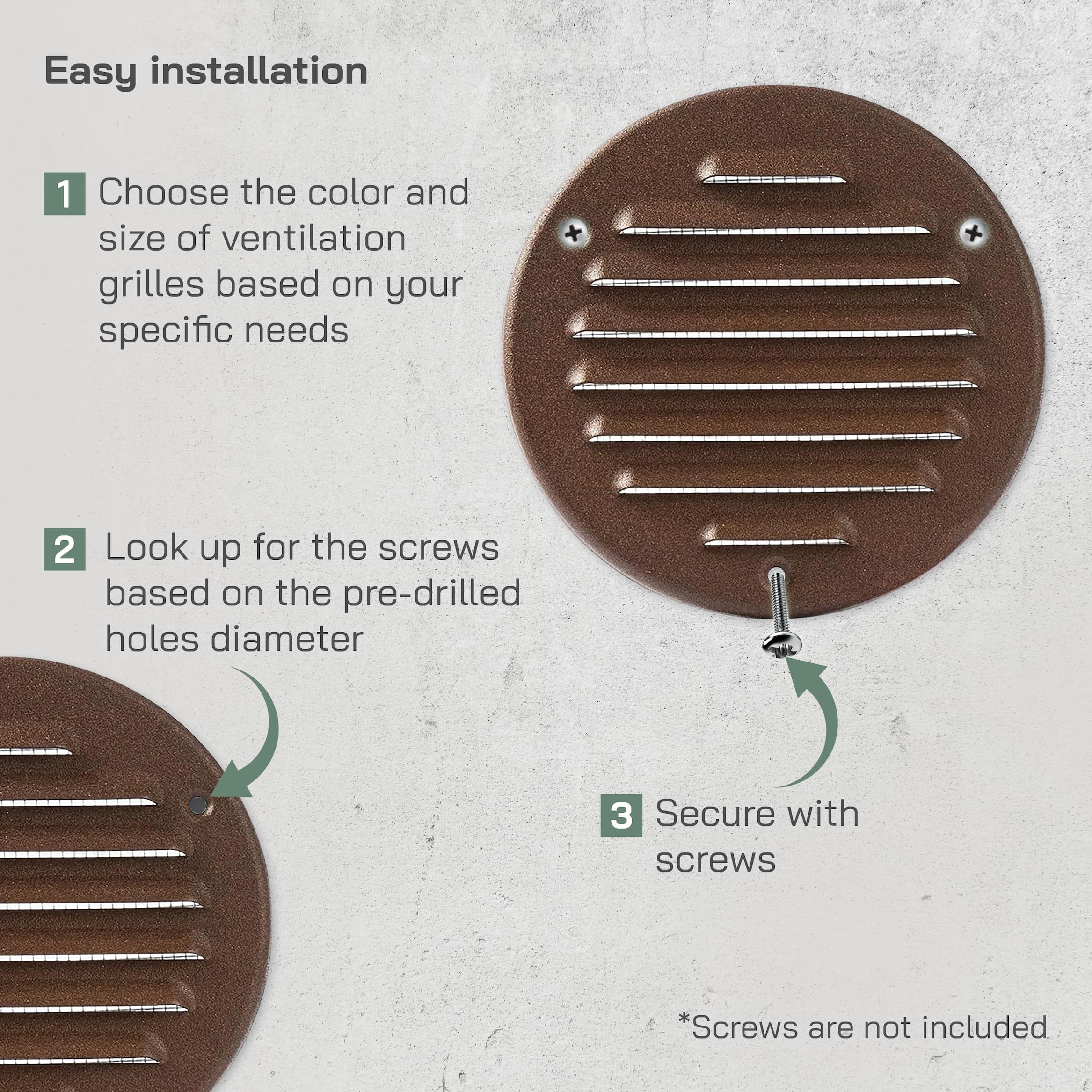 Vent Systems 100 mm / 3.94" Inch, Brown Metal Vent Cover, Round Soffit Air Vent Louver, Grille Cover, Built-in Mesh Screen - Image 4