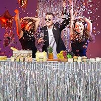 Vista 6 de Paquete de 8 faldas de mesa iridiscentes, faldas de mesa de oropel con flecos de papel metálico para mesas rectangulares, falda de mesa desechable