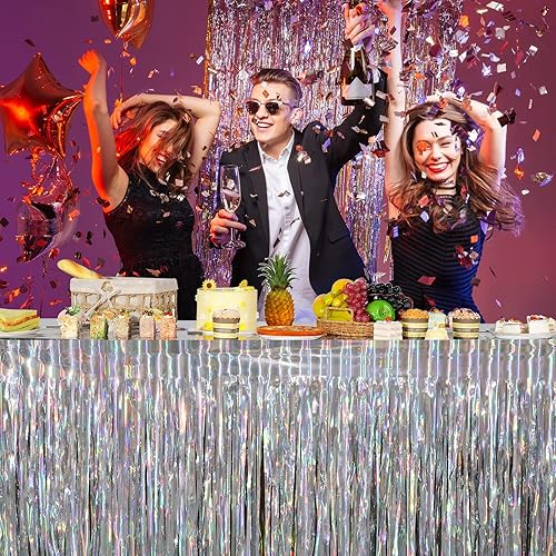 Miniatura 6 de Paquete de 8 faldas de mesa iridiscentes, faldas de mesa de oropel con flecos de papel metálico para mesas rectangulares, falda de mesa desechable