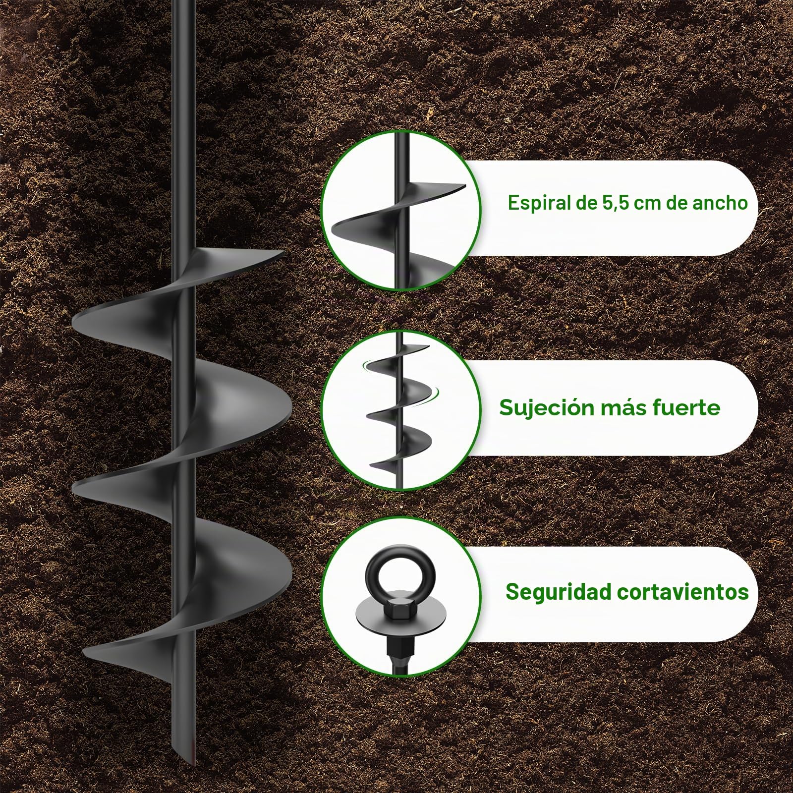 Anclaje de Tierra Resistente de Acero Inoxidable 45cm 4 Unidades | Estacas de Tornillo con Correas y Herramienta de Montaje, Trampolín Tienda Pérgola Carport Columpio, Fijación Antiviento