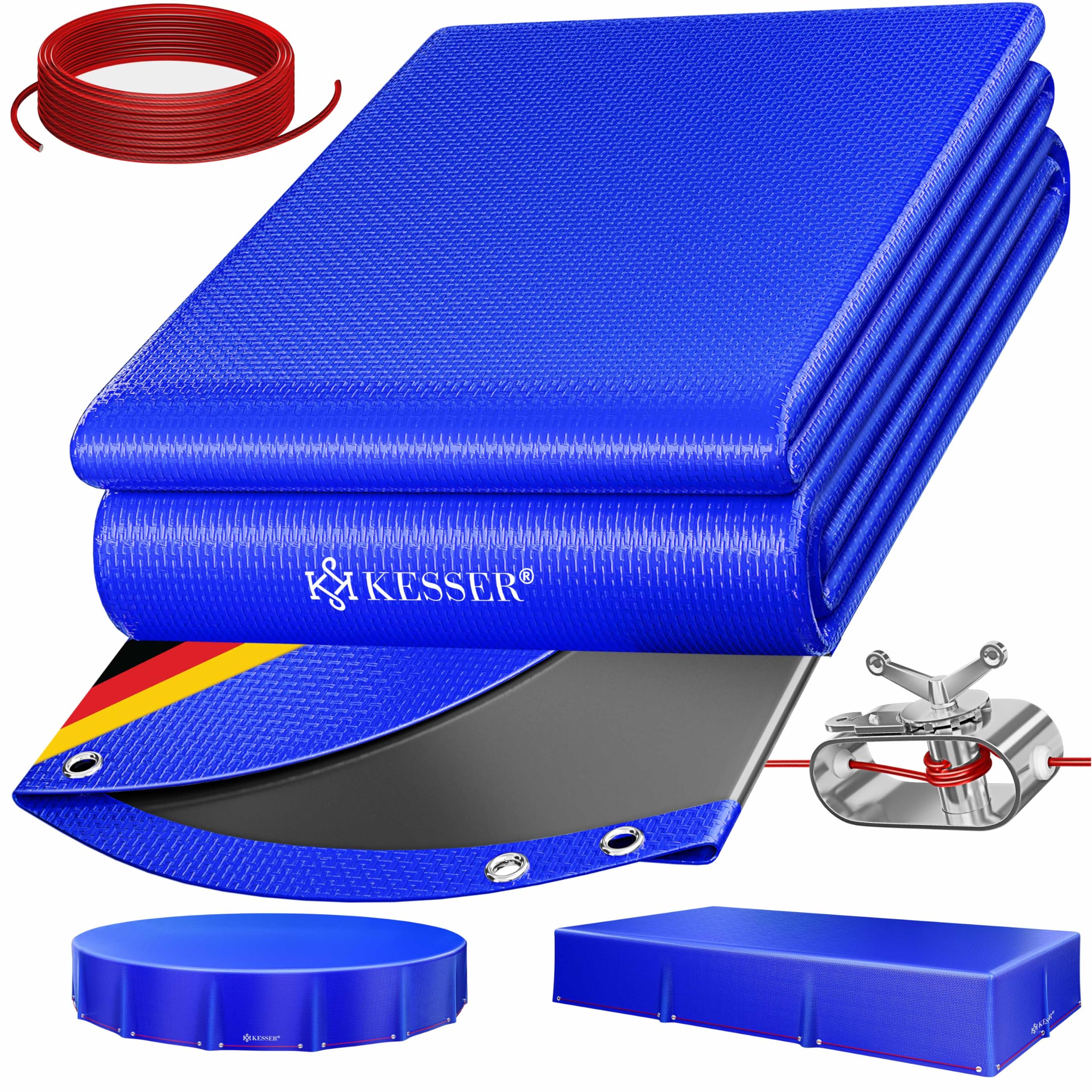 KESSER® Solar Poolabdeckung Pool Abdeckplane Rund Ø488cm Poolplane 200g/m² PE Material Inkl. Stahlseil + Seilspanner mit Ösen Solarplane Abdeckung UV-resistent, Wetterfest für Sommer & Winter