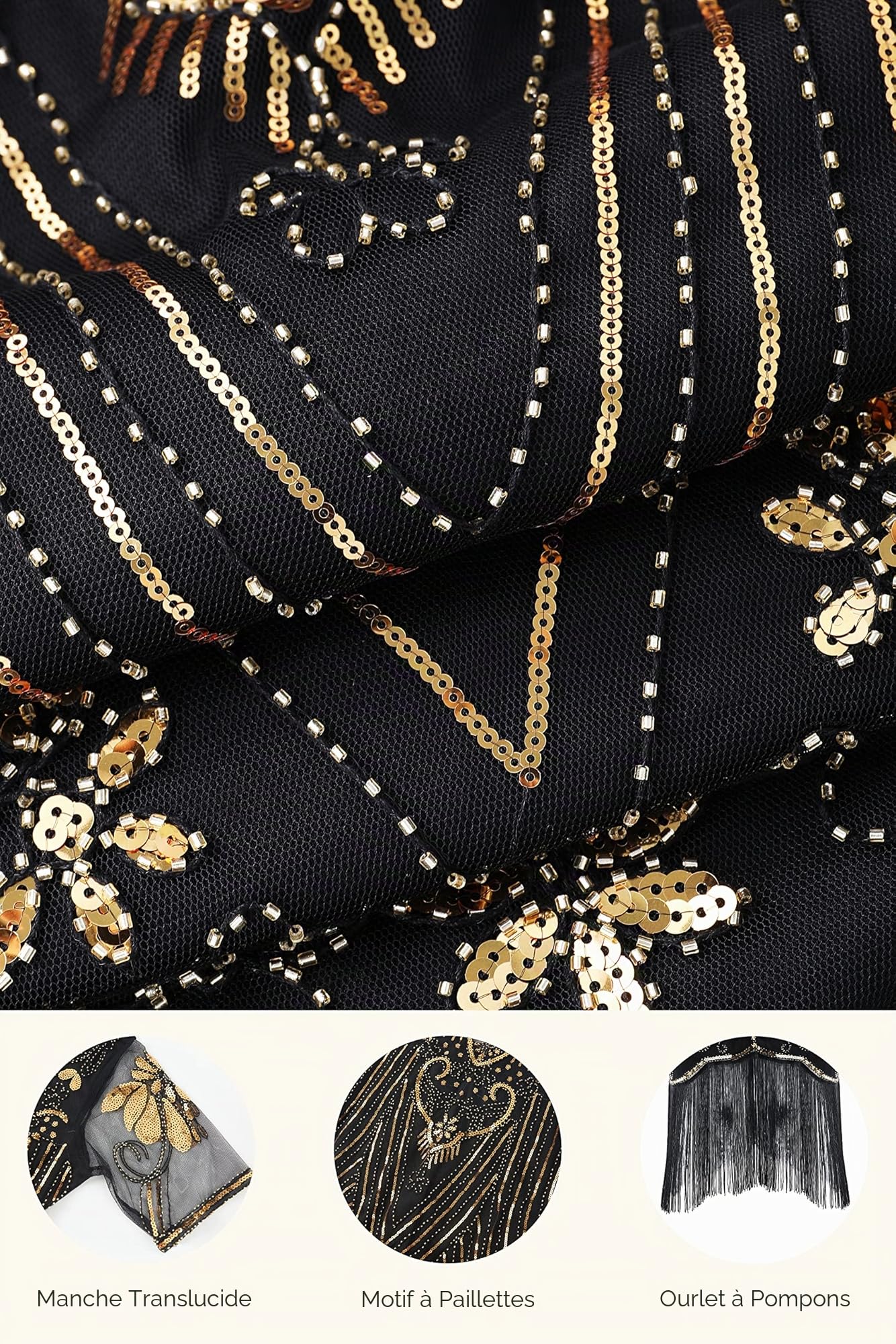 Coucoland 1920s Robe de Soirée à Manches Courtes et col Rond pour Femme Robe à Paillettes années 20 Idéal pour Un Cocktail, Un Carnaval