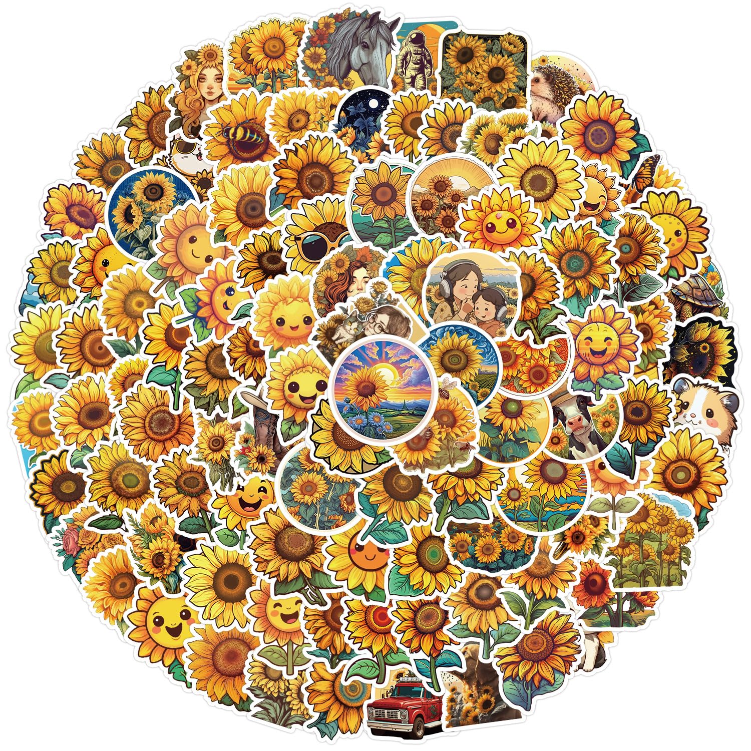100 PCS Sunflower Stickers for Water Bottle| Flower Sunflower Vinyl Waterproof Sticker for Water Bottle Laptop Skateboard Phone Car Decals Gifts for Kids Teens Adults for Party Favors Supplies Decor