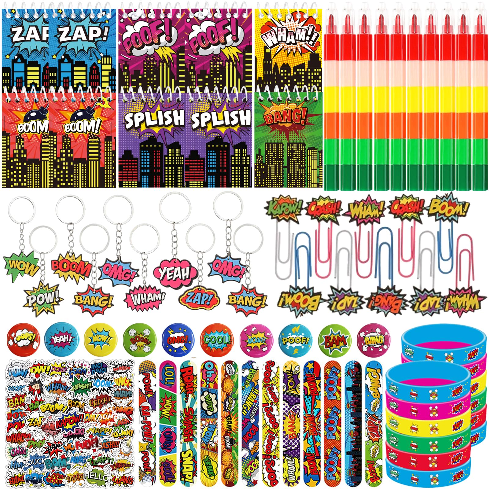 122 Pcs Hero Party Favors Birthday Decorations - Button Badge, Keychain, Bracelet, Bookmark, Slap Bracelet, Spiral Notebook, Sticker, Block Coloring