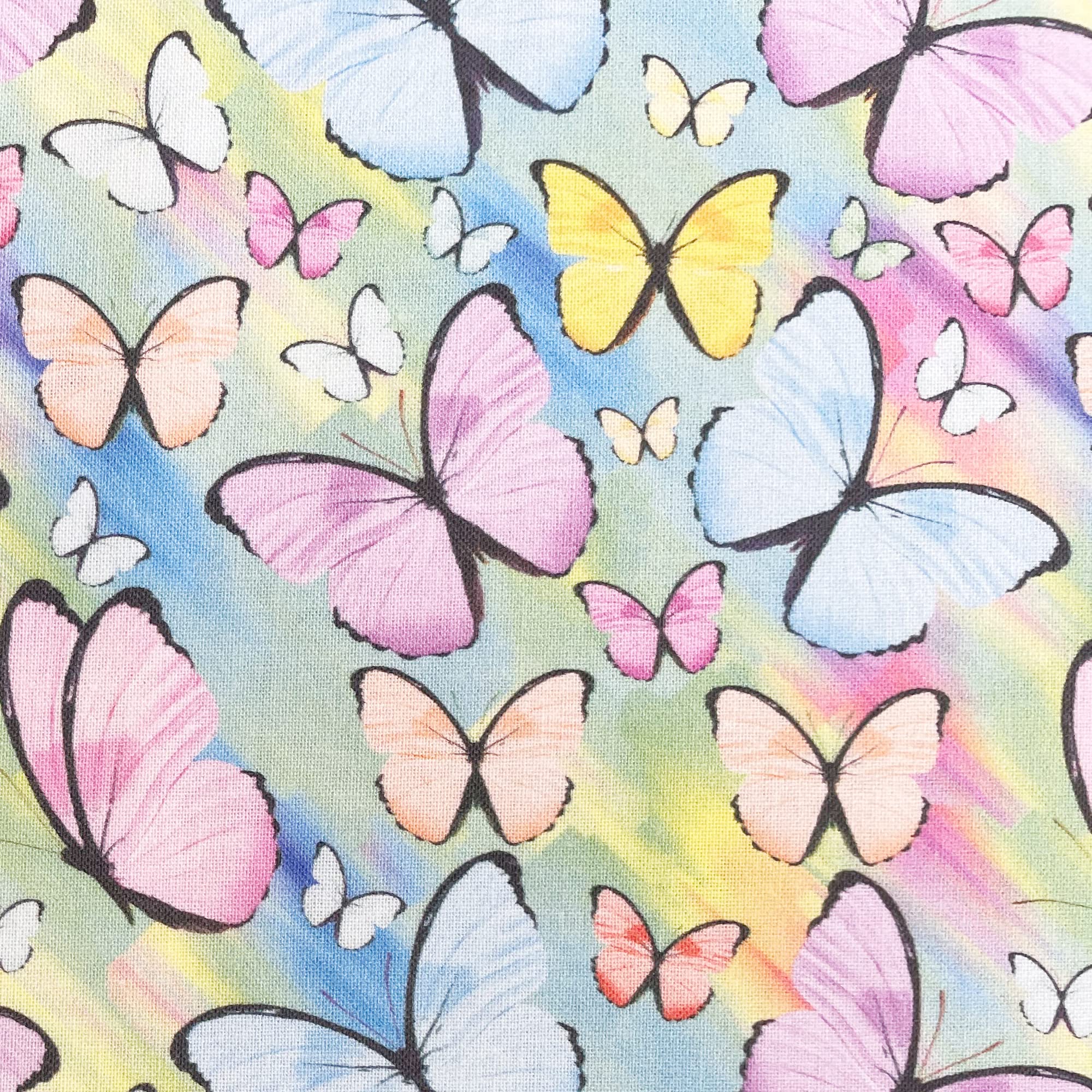 Cotton Fabric - Multi Colour Rainbow Butterfly Prism Print - Craft Fabric Material Metre
