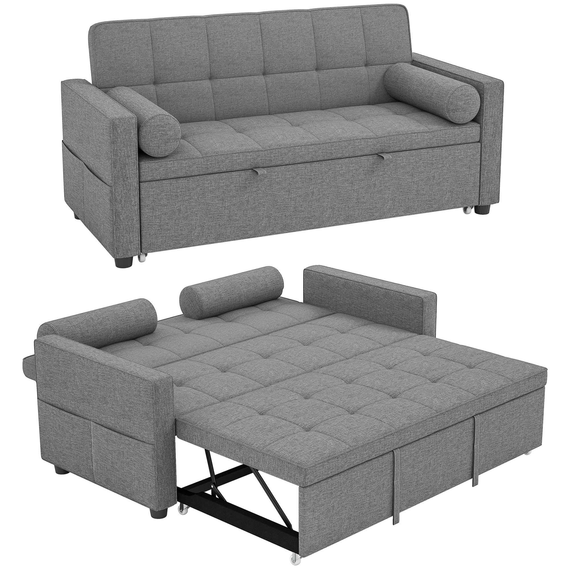 HOMCOM Sofá Cama 2 Plazas 3 en 1 con Respaldo Ajustable 6 Niveles Gris | Sofá Cama Deslizante, Tejido Lino, Bolsillos Laterales, 2 Cojines Fundas Extraíbles, para Sala de Estar, Espacios Pequeños