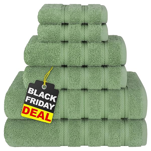 American Soft Linen Luxury 6 Piece Towel Set, 2 Bath Towels 2 Hand Towel 2 Washcloths, 600 GSM 100% Cotton Turkish Towels for Bathroom, Sage Green Towel Sets