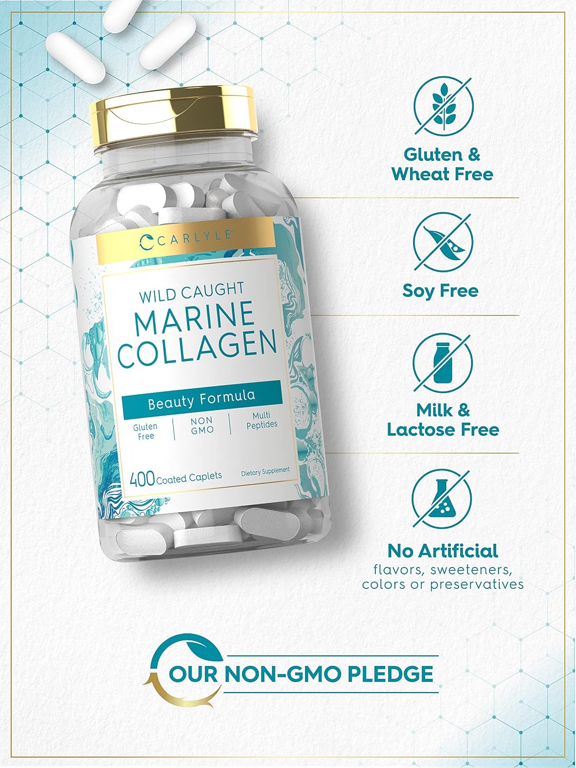 Carlyle Marine Collagen Pills | 400 Caplets | Wild Caught Collagen Peptides | with Hyaluronic Acid | Non-GMO, Gluten Free