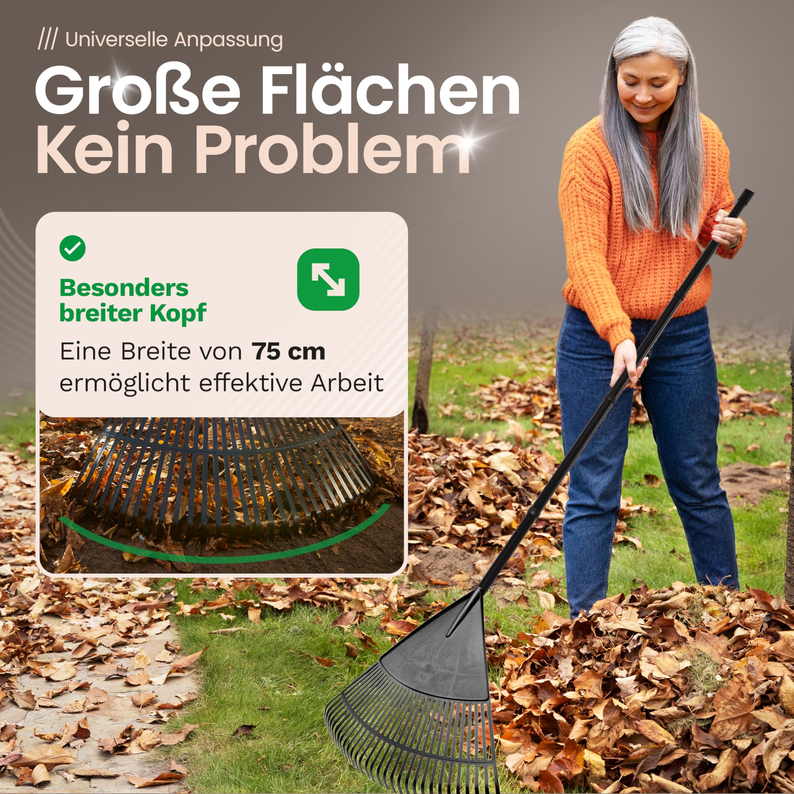 Novatool 4X Laubbesen mit 4tlg Steck- & Schraubstiel, Laubfeger mit 30 Kunststoff-Zinken, Rechen Arbeitsbreite 75cm, Laubrechen, Gartenbesen, Rasenrechen, Harke, Landschaftsbesen, Gartengerät Schwarz