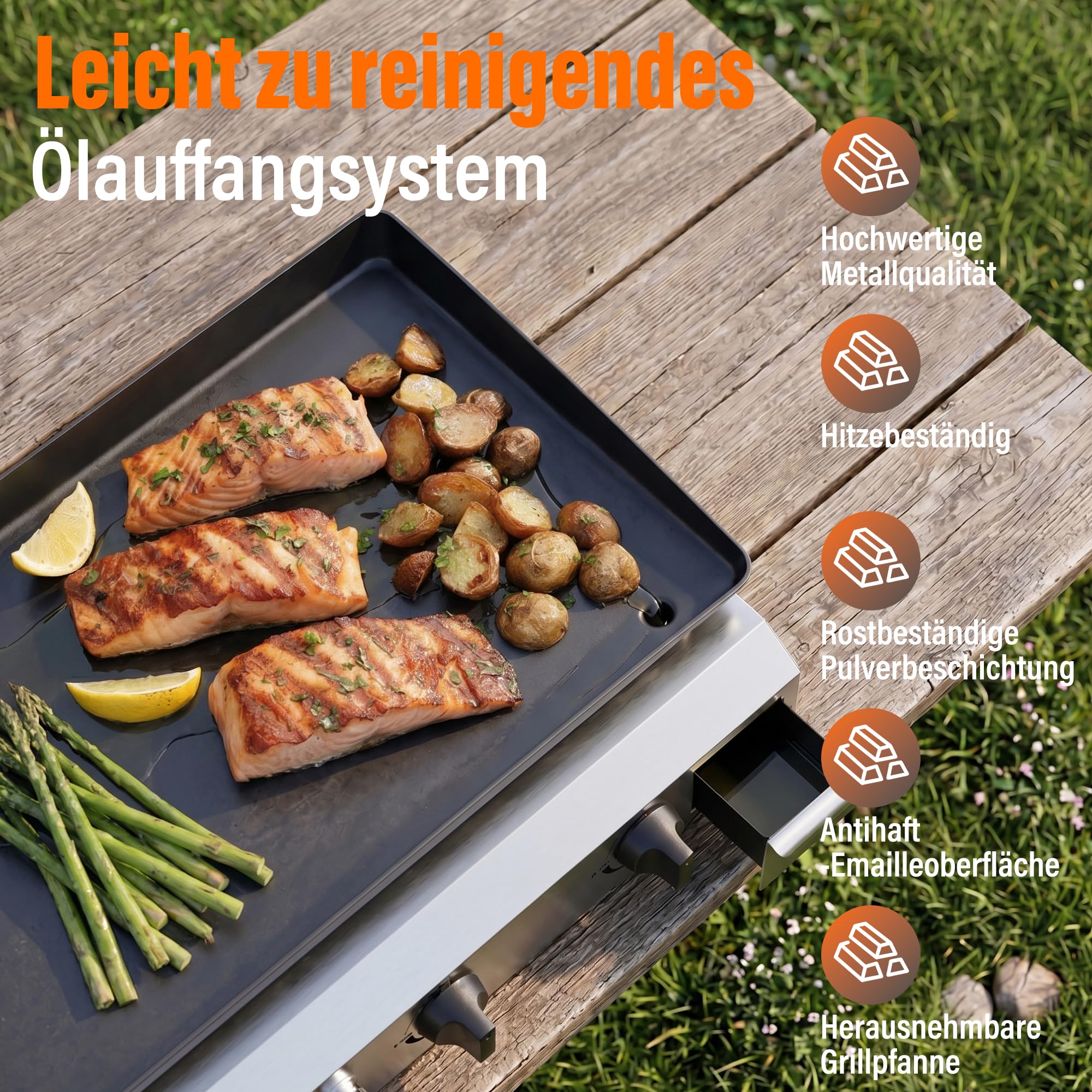 Veralune Gas Plancha, 3-Brenner Gasgrill 6,3 kW, 64*39cm großer Kochbereich | Grillplatte, Kompakt Tischgasgrill mit 50 mbar Druckregler, Keramikbeschichtung, für Butan/Propan, Garten, Picknick & Strand