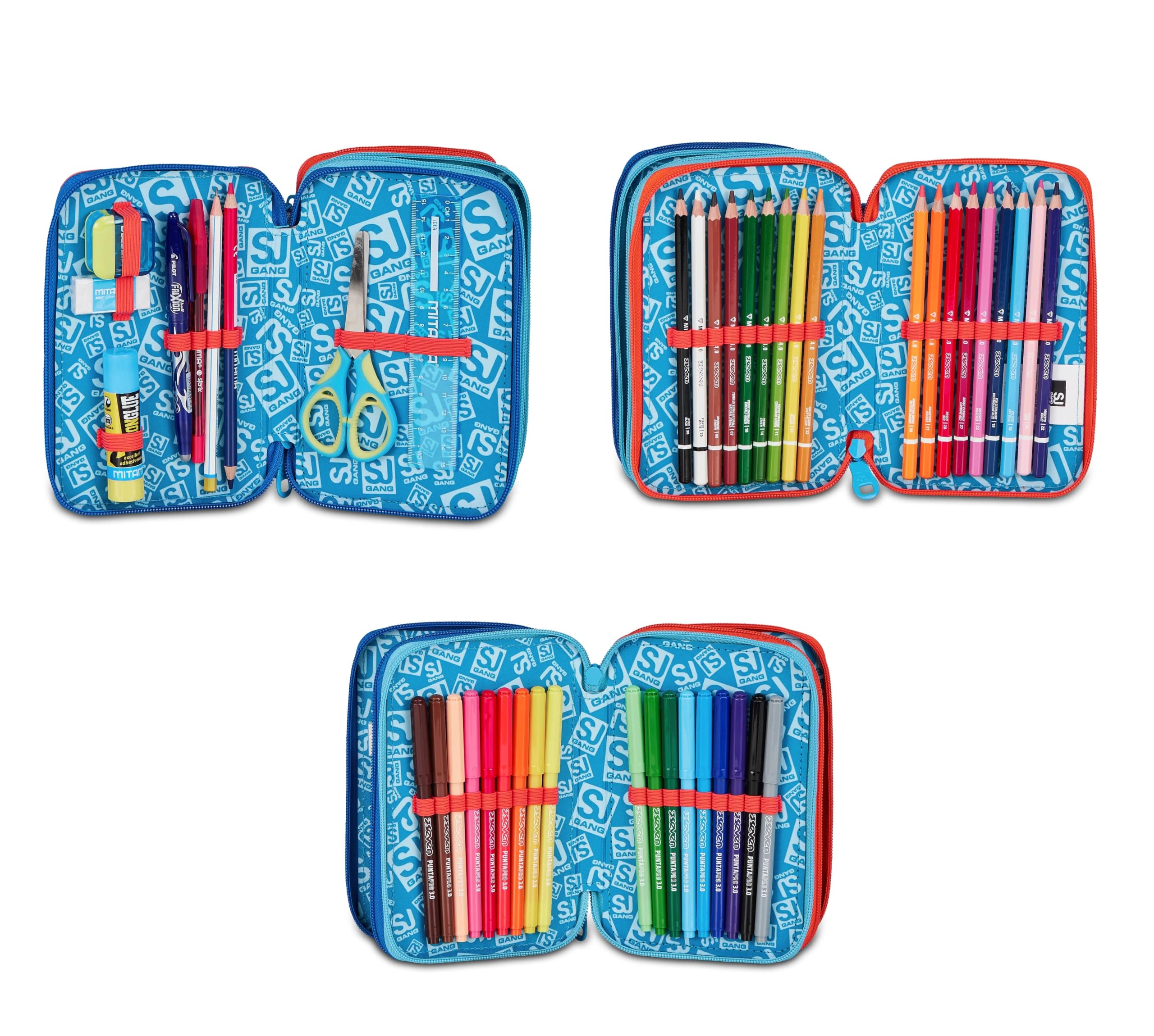 Trolley Scuola primaria Seven Sj Boy, 8 Ruote con zaino staccabile - Speed Animal Tigre, 3 in 1 per Bambino + Astuccio 3 zip con cancelleria + 7 penne a scatto e portachiave fischietto