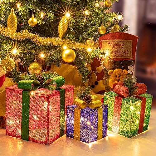 Sunnyglade Juego de 3 cajas de regalo iluminadas de Navidad con enchufe, lazos, hojas de pino artificiales y conos de pino para Navidad, bodas,