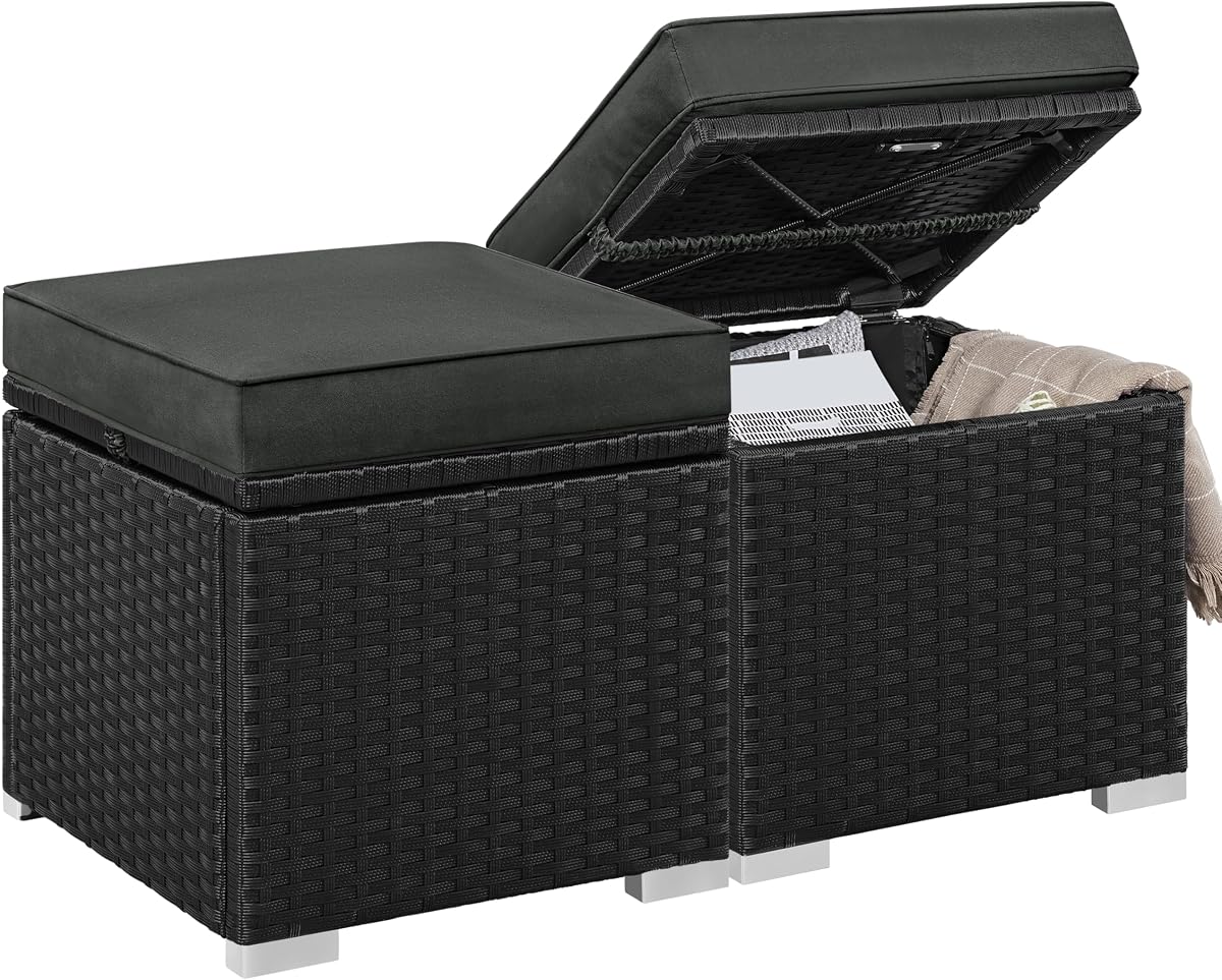 Yaheetech Wicker Ottomans, Set of 2 PE Rattan Side Tables, Black/Gray | Outdoor/Indoor Footstools with Hidden Storage & Removable Cushion, Additional Seating for Patio/Garden/Balcony/Yard