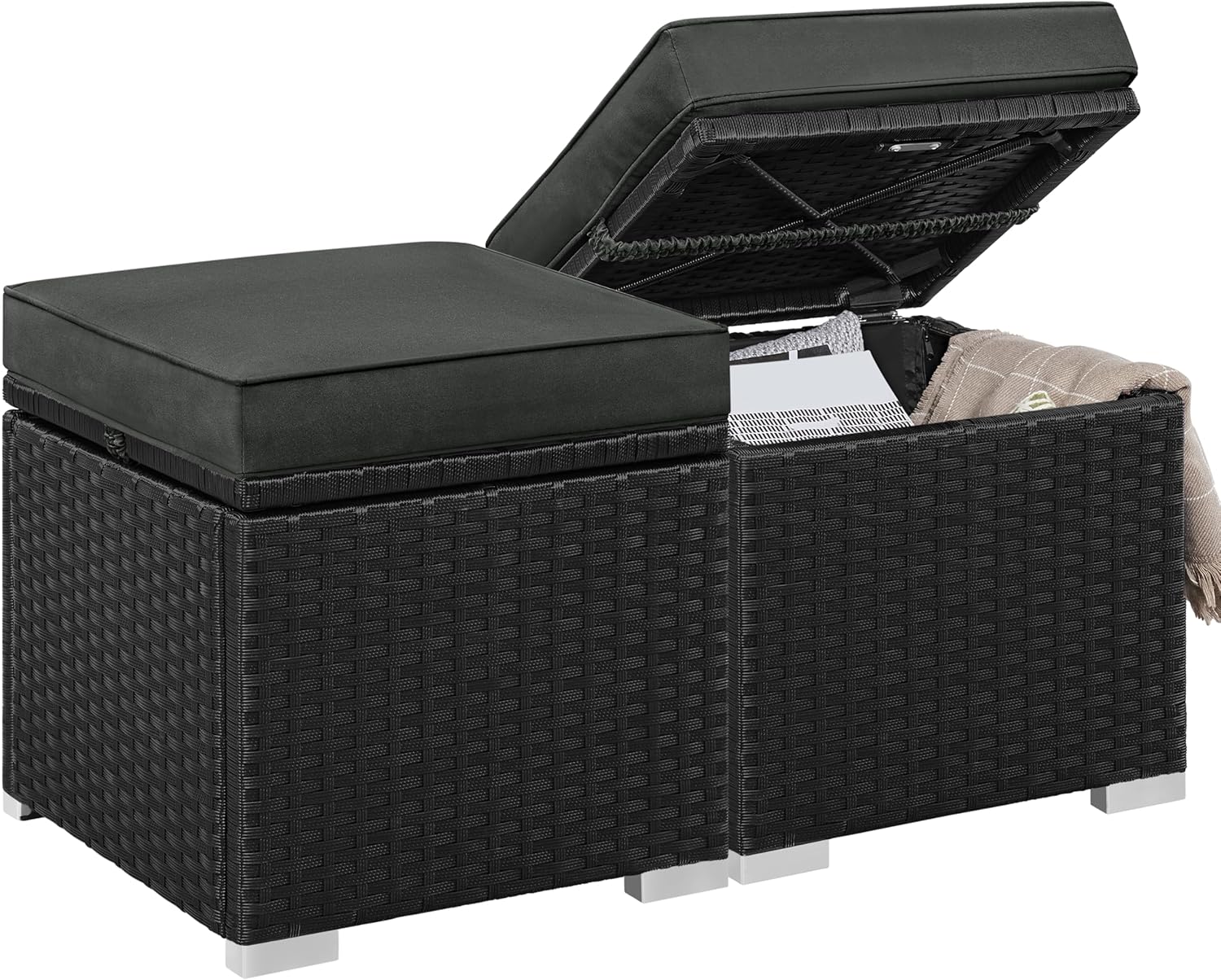 Yaheetech Wicker Ottomans, Set of 2 Patio PE Rattan Side Tables with Hidden Storage & Removable Cushion, Outdoor/Indoor Footstools, Additional Seating for Garden/Balcony/Yard, Black/Gray