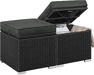 Yaheetech Wicker Ottomans, Set of 2 Patio PE Rattan Side Tables with Hid...