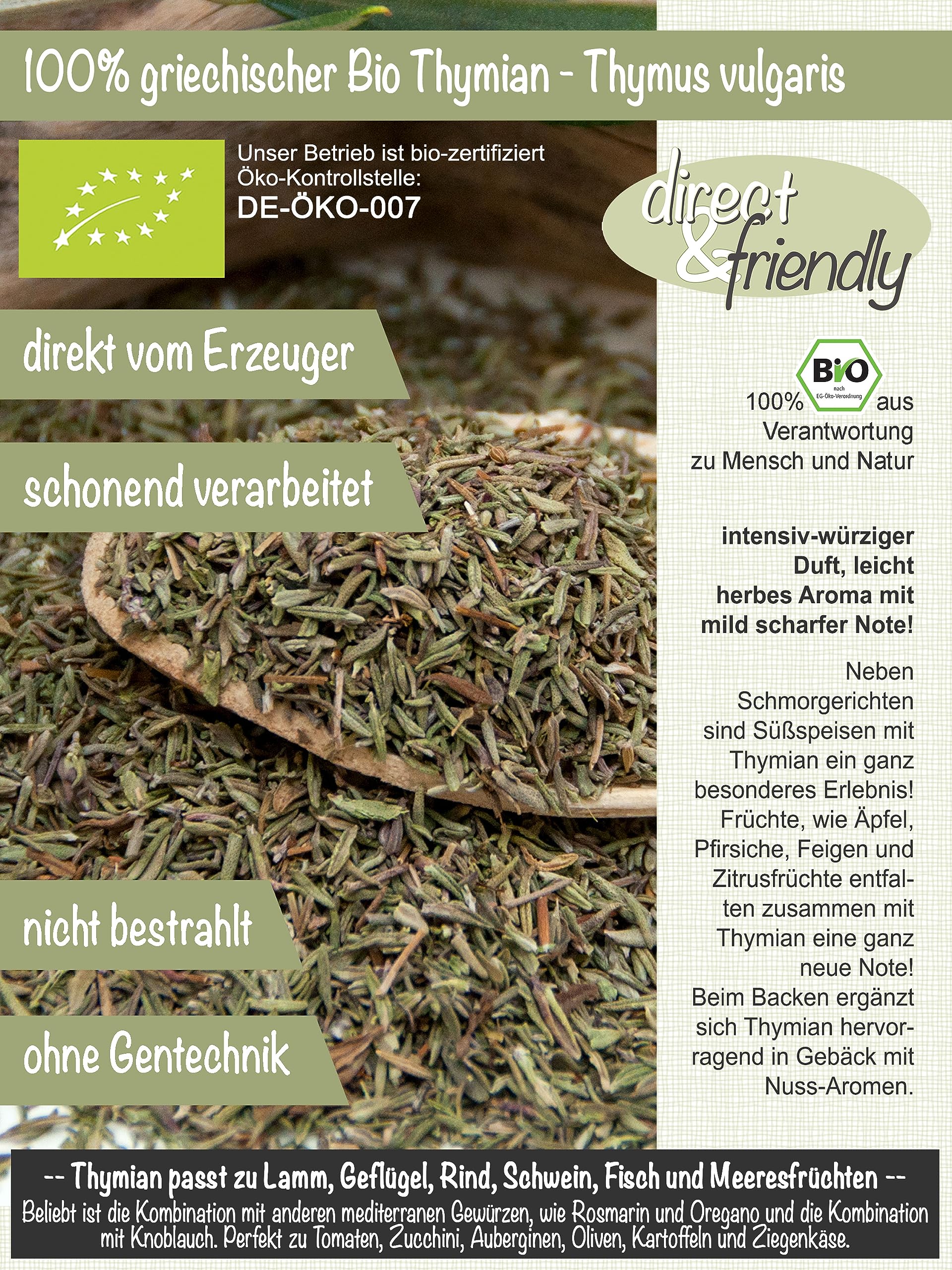 direct&friendly Bio Thymian aus Griechenland | handgeerntete Premium-Qualität | als Gewürz oder Thymian-Tee (100 g)