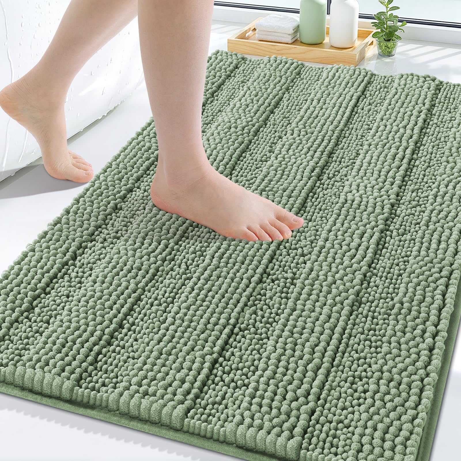 Grandaily Chenille Bathroom Rugs 47x32, Soft Bath Mats, Grayish Green