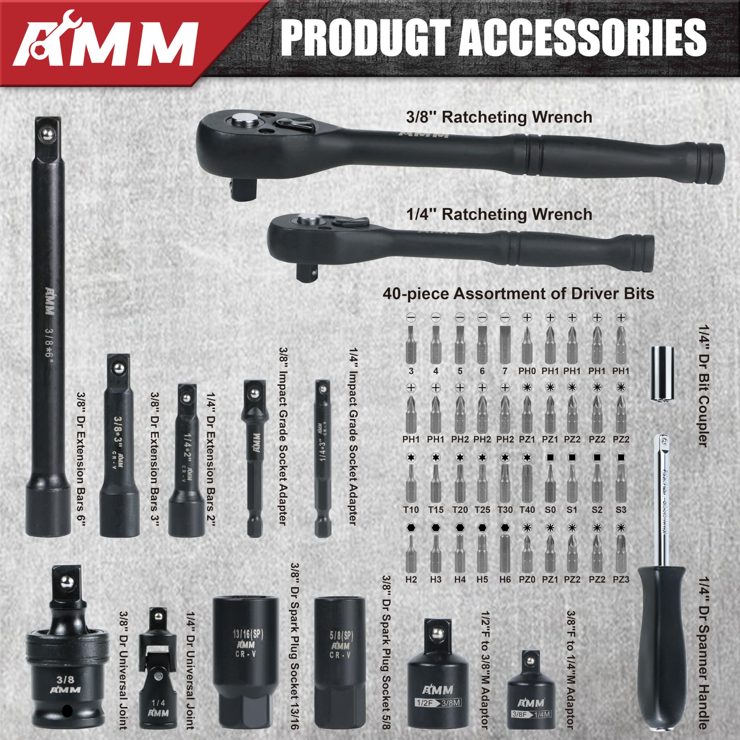 AMM 123Pcs Impact Socket Set，1/4”3/8”Drive Deep&Shallow Socket