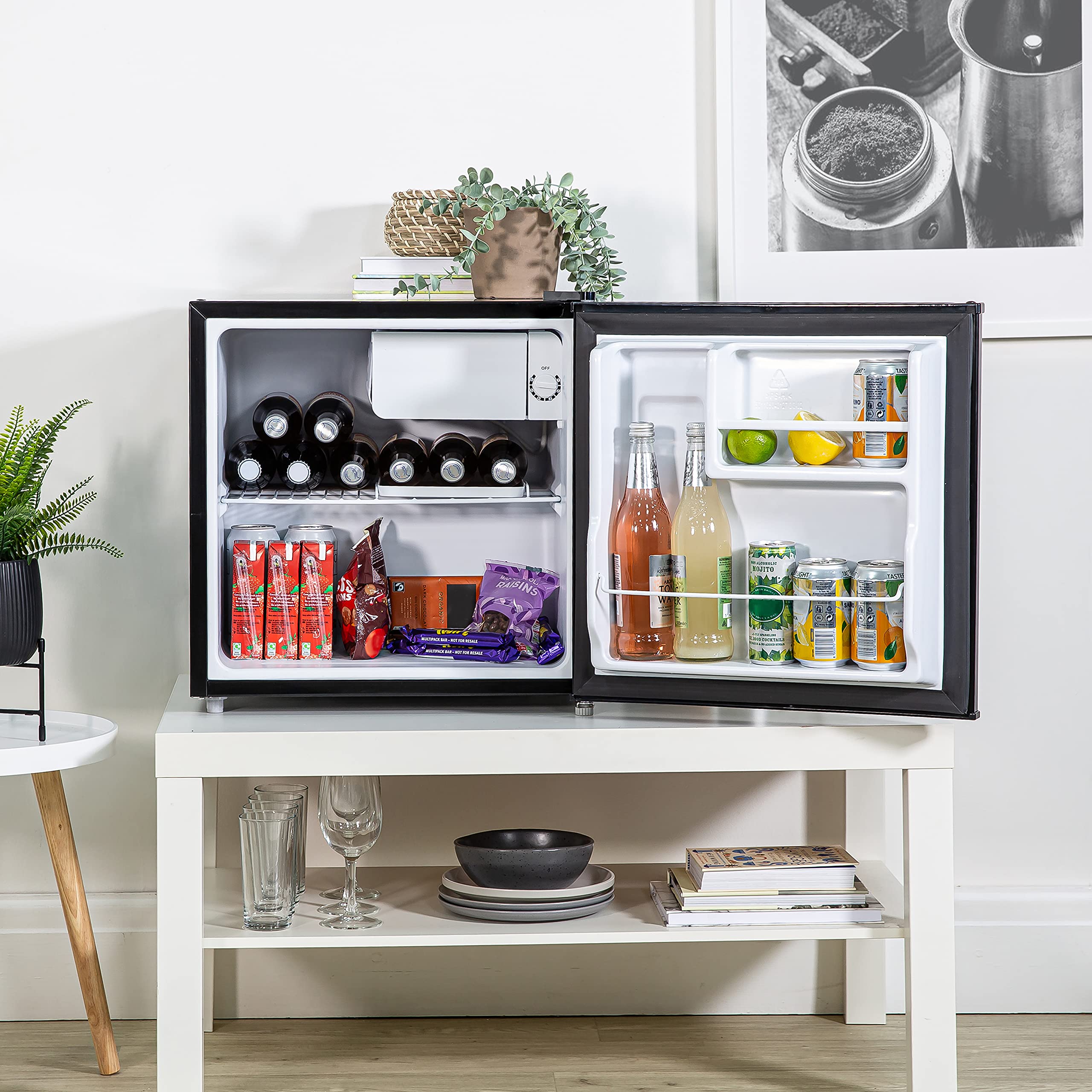 Kuhla 43 Litre Mini Fridge with Ice Box, Inc Adjustable Thermostat, Door Racks and Removable Shelf, Small Drinks Fridge Ideal for Home and Office – Black, KTTF4BGB — view 3