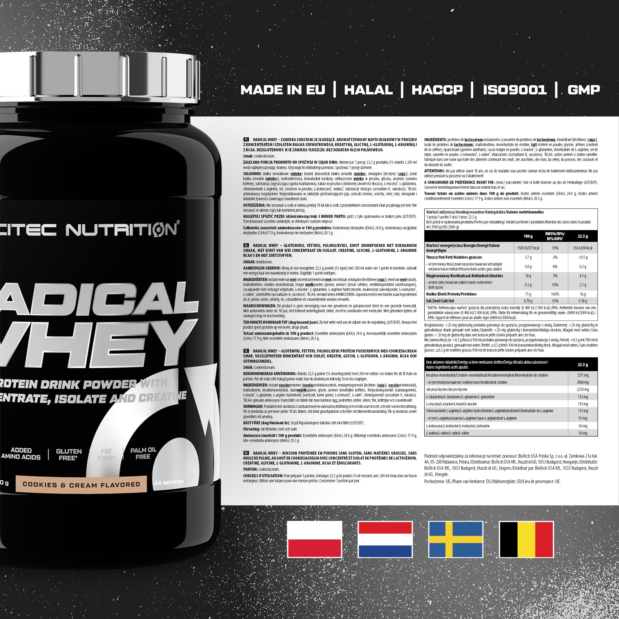 Scitec Nutrition Radical Whey - koncentrat i izolat białka serwatkowego - z kreatyną i BCAA - bezglutenowy - beztłuszczowy, 1000 g, Cookies&Cream