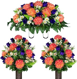 Sympathy Silks Artificial Cemetery Flowers – Realistic Vibrant Roses, Outdoor Grave Decorations - Non-Bleed Colors, and Easy Fit - 2 Salmon Pink Mum and Purple Rose Bouquets & 1 Saddle
