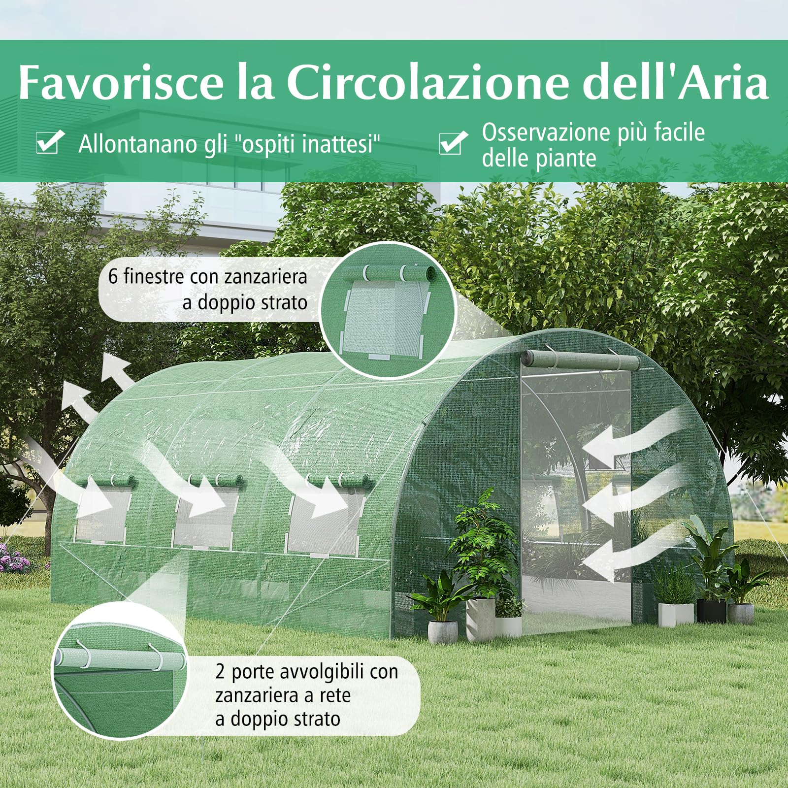 RELAX4LIFE Invernadero tipo túnel grande de jardín, 4 x 3 x 2 m-12 m², sistema de invernadero de acero y polietileno de red, 2 puertas con bisagras y 6 ventanas enrollables, verde