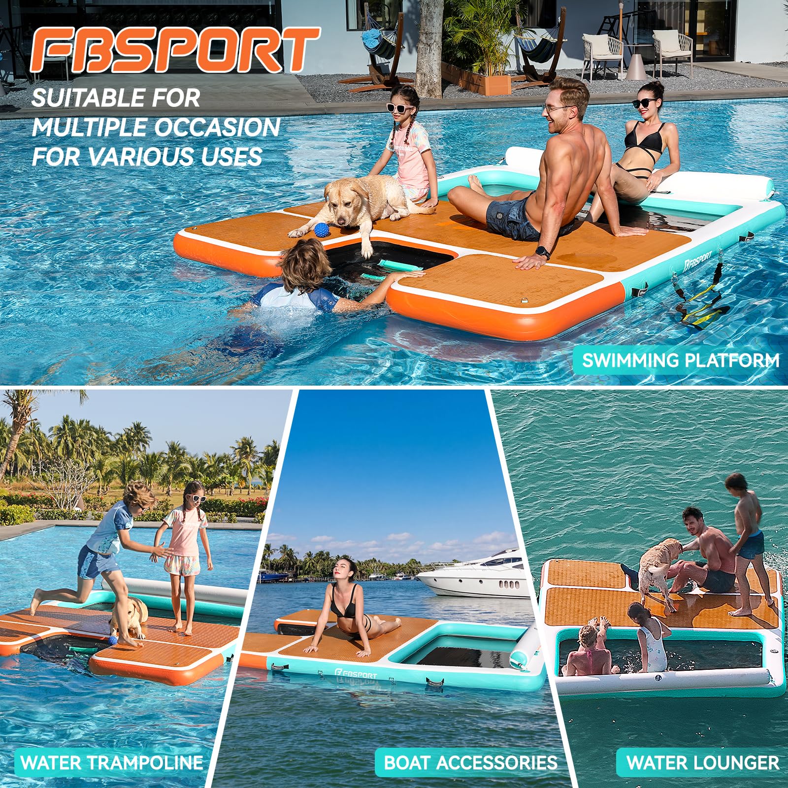 FBSPORT Piattaforma Galleggiante Gonfiabile con Rampa Cani e Amaca, Piattaforma Galleggiante da Lago 2,4m/3m, Isola Galleggiante Multifunzionale con Scaletta per Feste Acquatiche