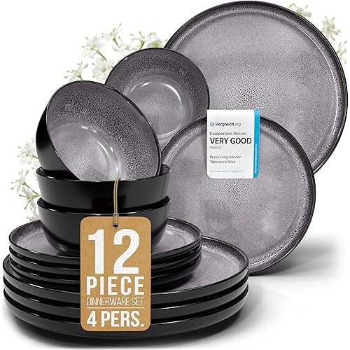 Stoneware dinnerware set 4 persons 12 pcs - Dishwasher, microwave and scratch resistant - Bowl and plate set 4 persons modern - Dinner service Pure Living black in gray…