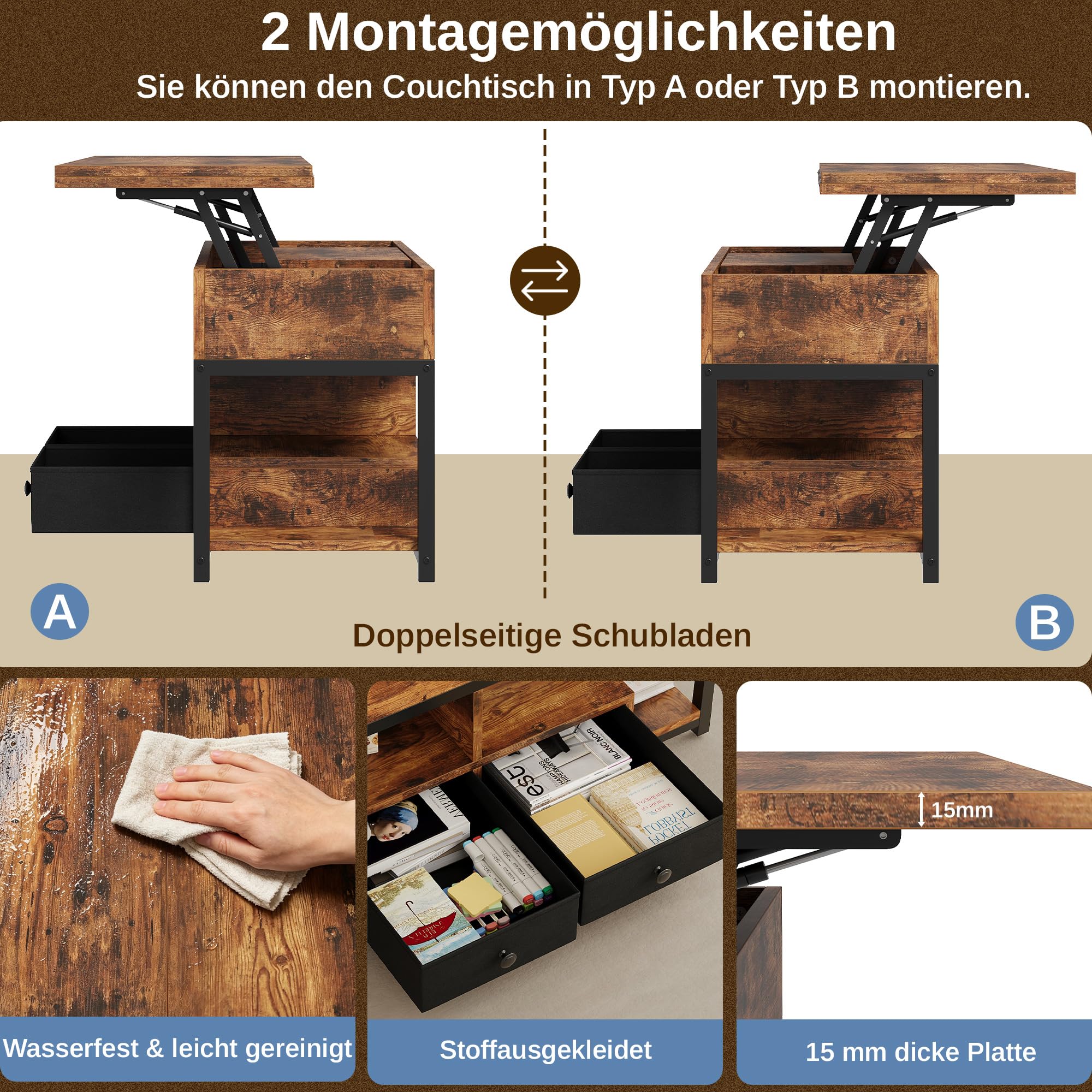 IRONCK Couchtisch Höhenverstellbar, LED Wohnzimmertisch mit Steckdosen, 2AC+USB+USB‑C, Kaffeetisch Holz, 2 Schubladen, Umwandelbar Esstisch 100×80cm (Vintagebraun)