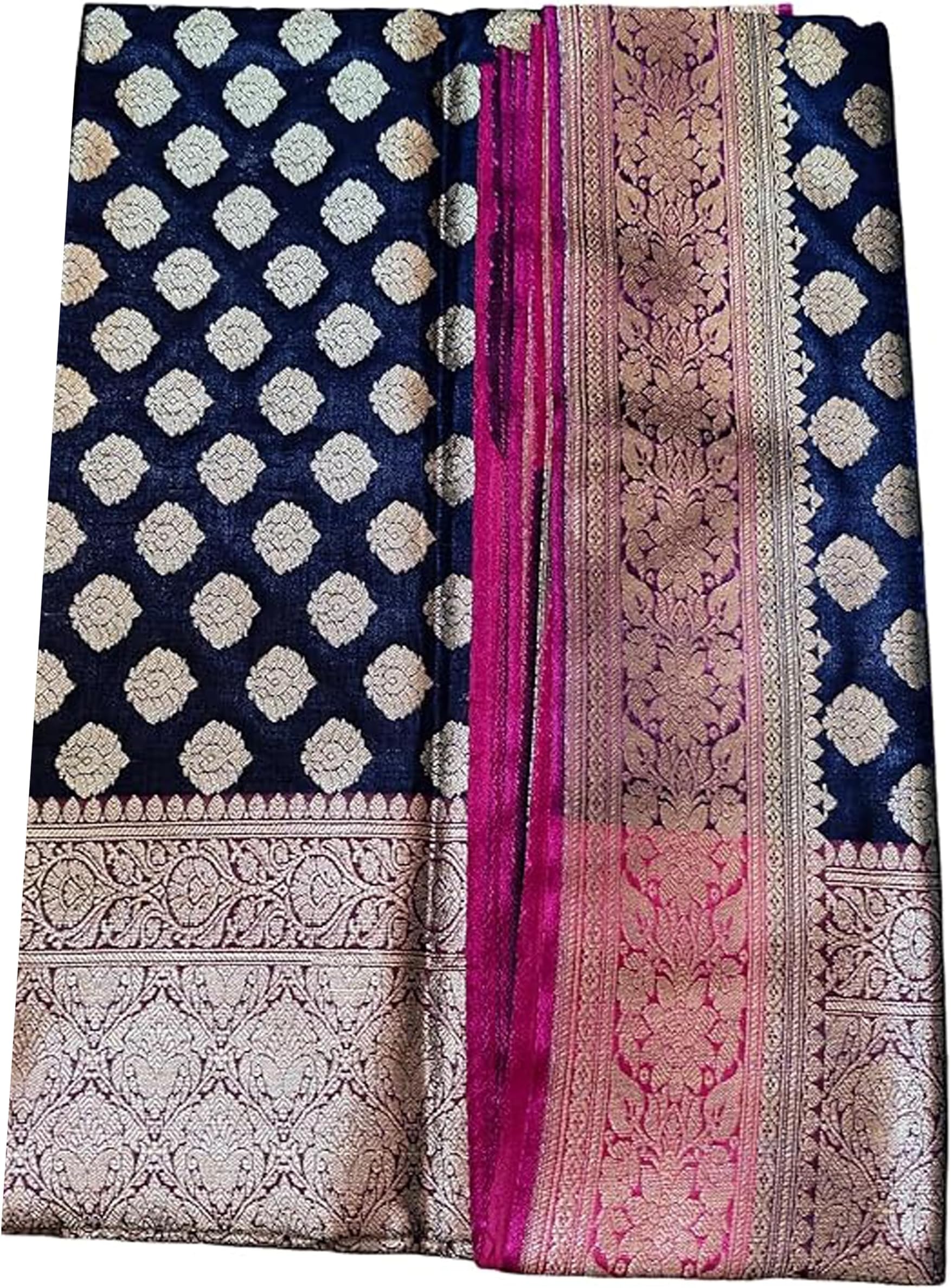 Jolly Enterprise Jacquard Banarasi Katan Silk Saree with All over Golden Zari Border -Dark Blue Rani Pink