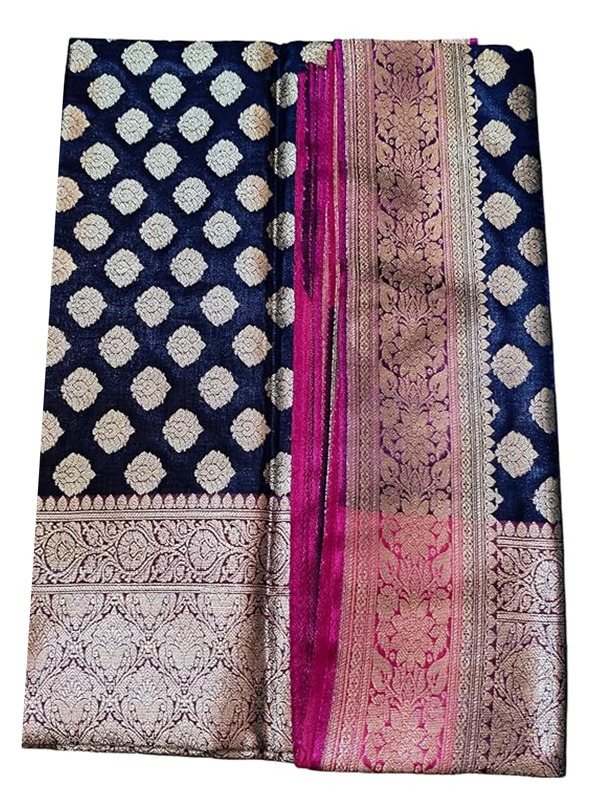 Jolly Enterprise Jacquard Banarasi Katan Silk Saree with All over Golden Zari Border -Dark Blue Rani Pink