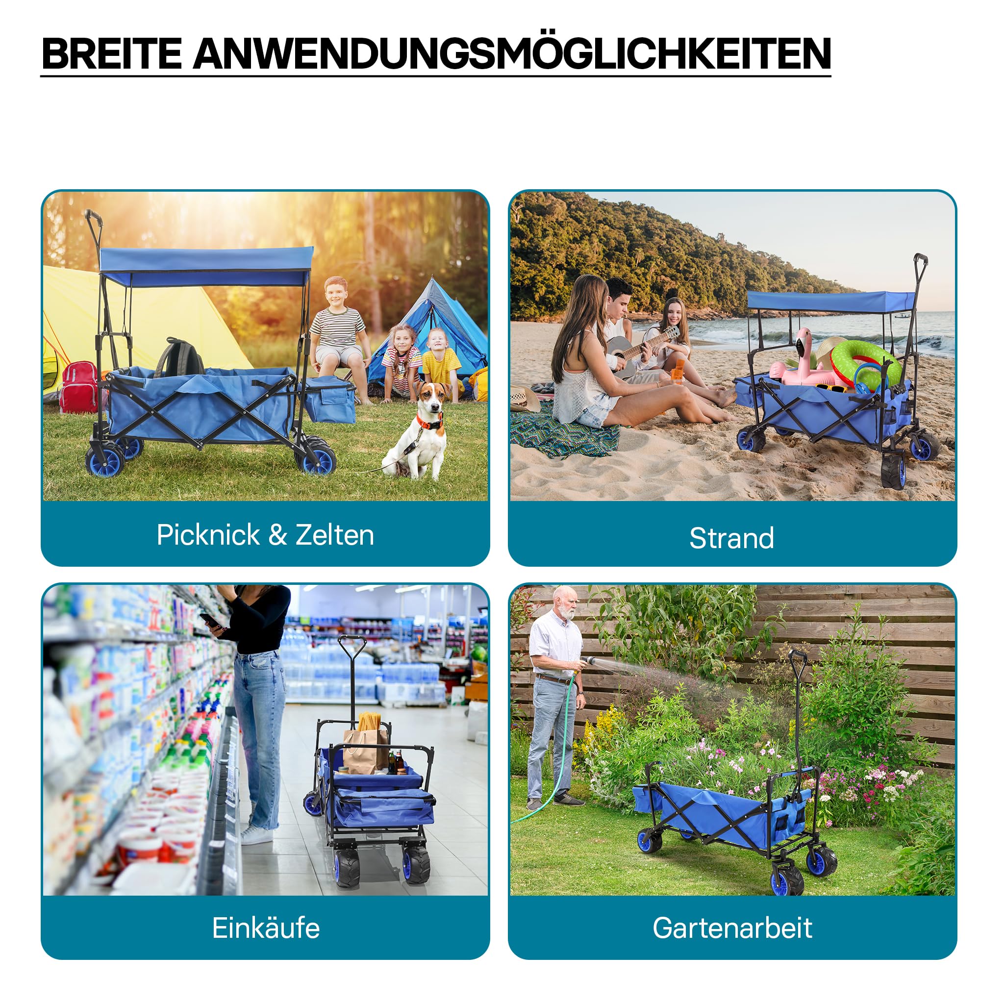 Wiltec Faltbarer Bollerwagen mit Sonnendach, Faltbollerwagen für max. 70 kg, Klappbollerwagen mit großer Ladefläche und Taschen, Offroad geeignet