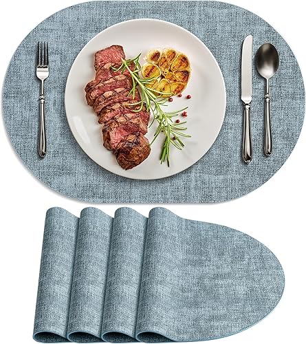 Miniatura 21 de Juego de 6 manteles individuales para mesa de comedor, antideslizantes, resistentes al calor, manteles individuales ovalados de cuero, de doble Azul