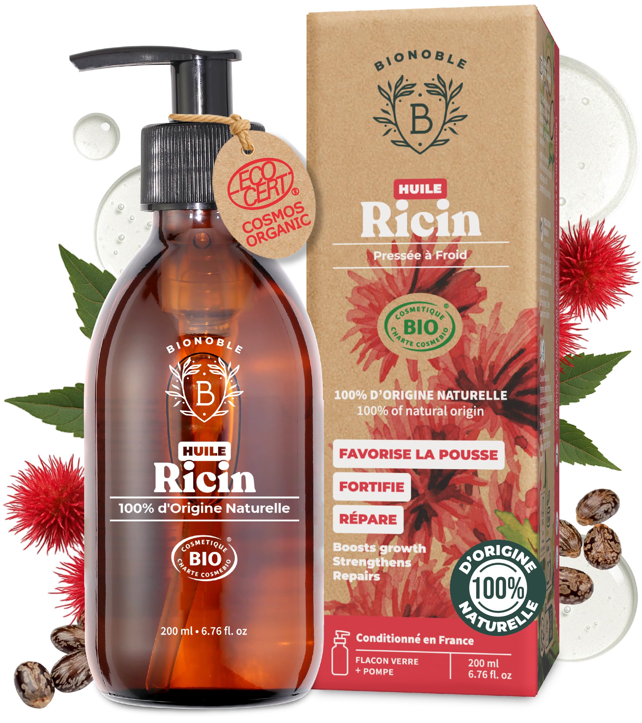 BIONOBLE Huile de Ricin Bio Pressée à Froid, 100% Naturelle - Favorise la Pousse, Répare - Huile de Ricin pour Cheveux, Cils, Sourcils - Castor Oil - Flacon Verre, Pompe - 200ml