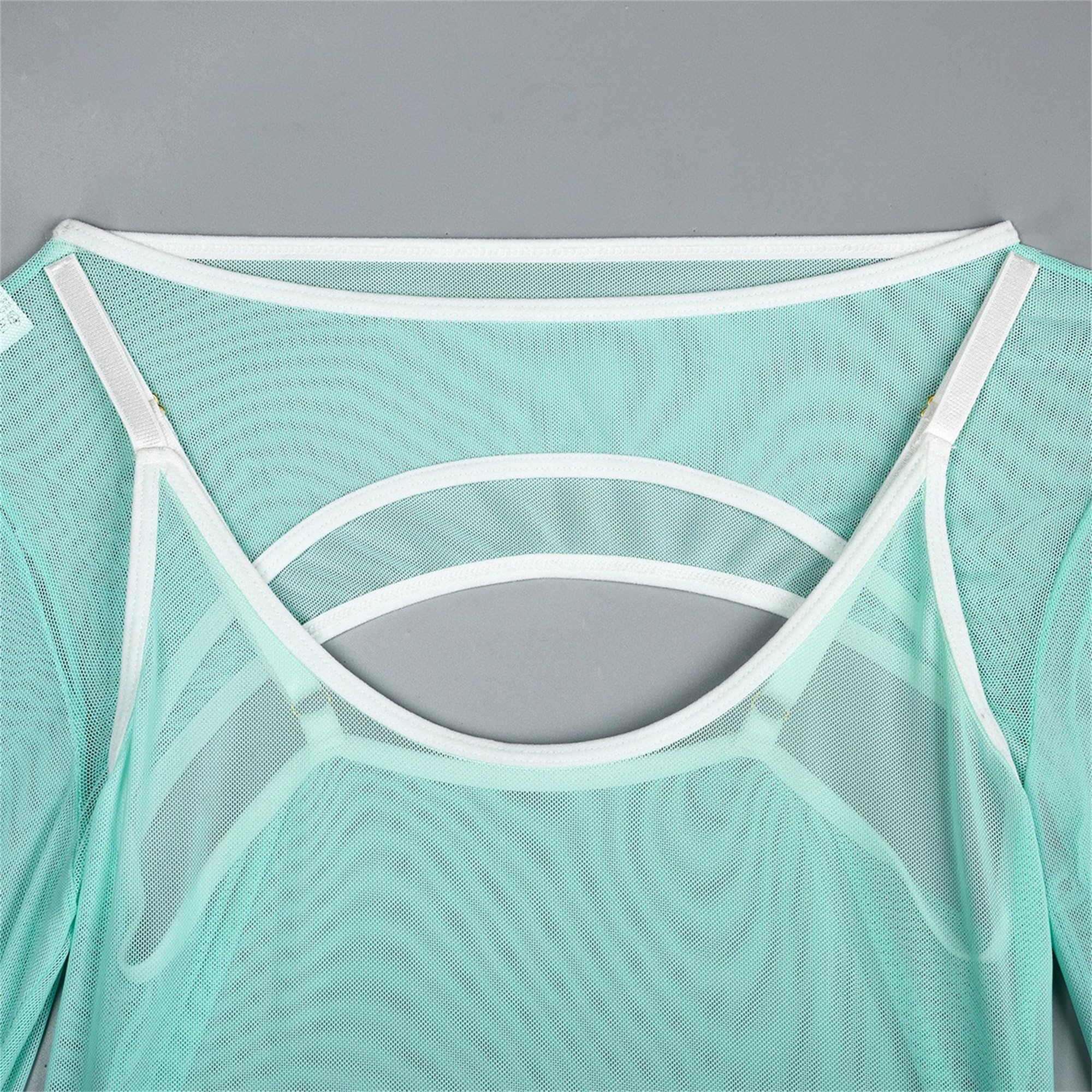 Conjunto de Lencería Transparente con Tirantes para Mujeres Body de Manga Larga de Tela Transparente Elástica Liga Hueca de Encaje con Armadura