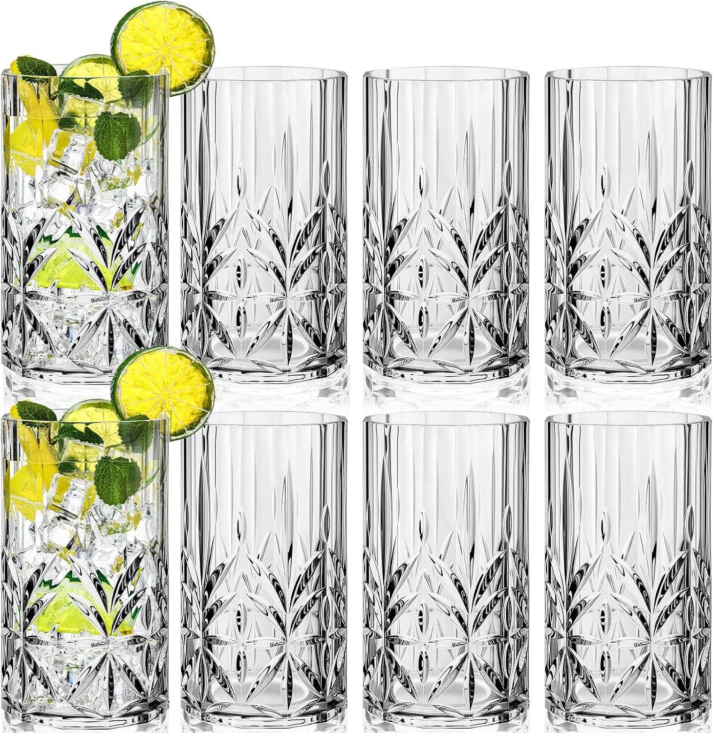8 Pieces Unbreakable Plastic Drinking Highball Glasses 18 oz Plastic Whiskey Glasses Clear Fancy Cups Cocktail Tea Water Clear Tall Wine Cup Shatterproof Tumbler for Party Indoor Outdoor
