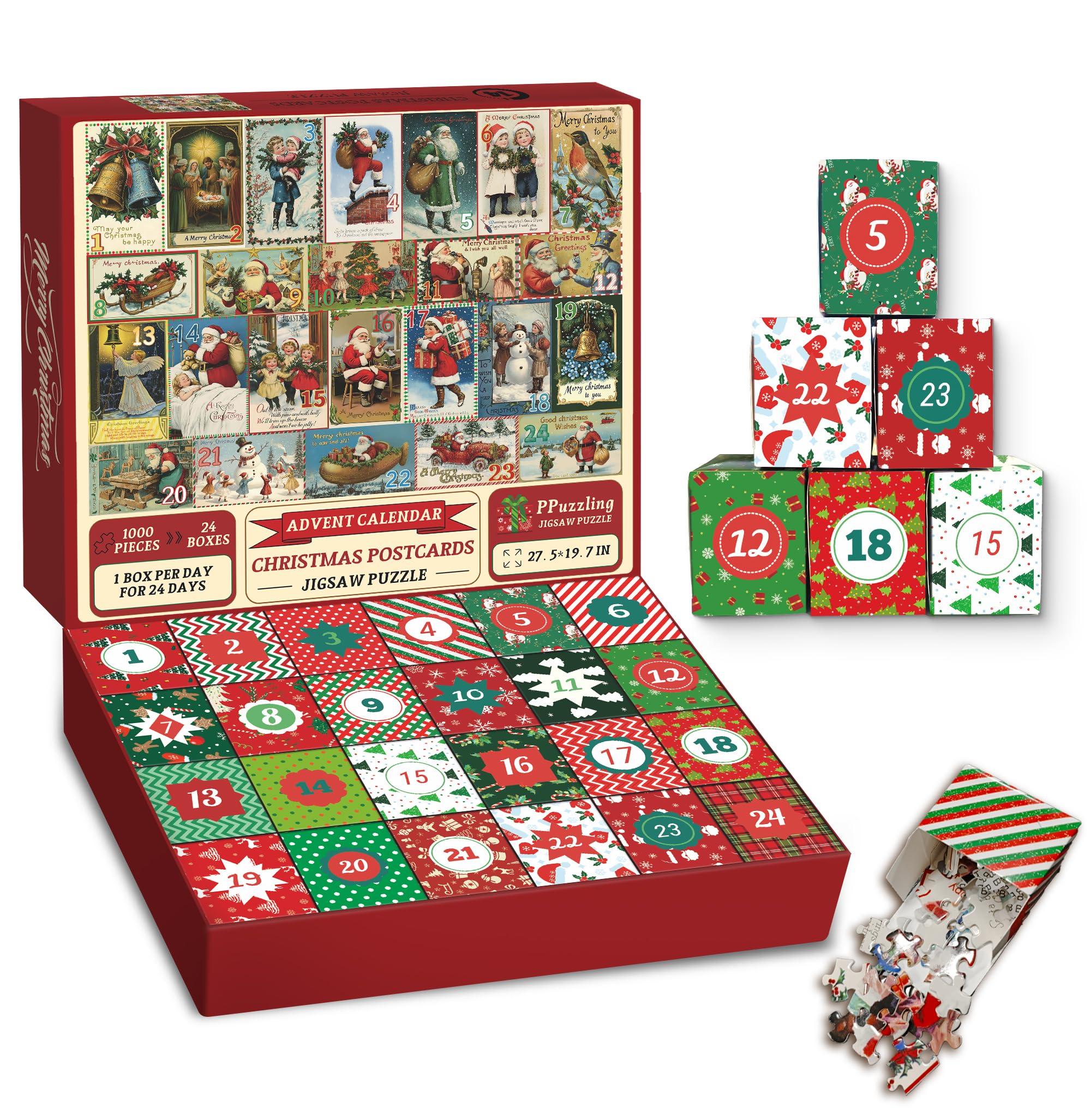 Advent Calendar 2024 Christmas Puzzle for Adults 1000 Pieces, Christmas Countdown Calendar 24 Days Jigsaw Puzzles, Vintage Holiday Christmas Postcards Puzzles as Christmas Gift