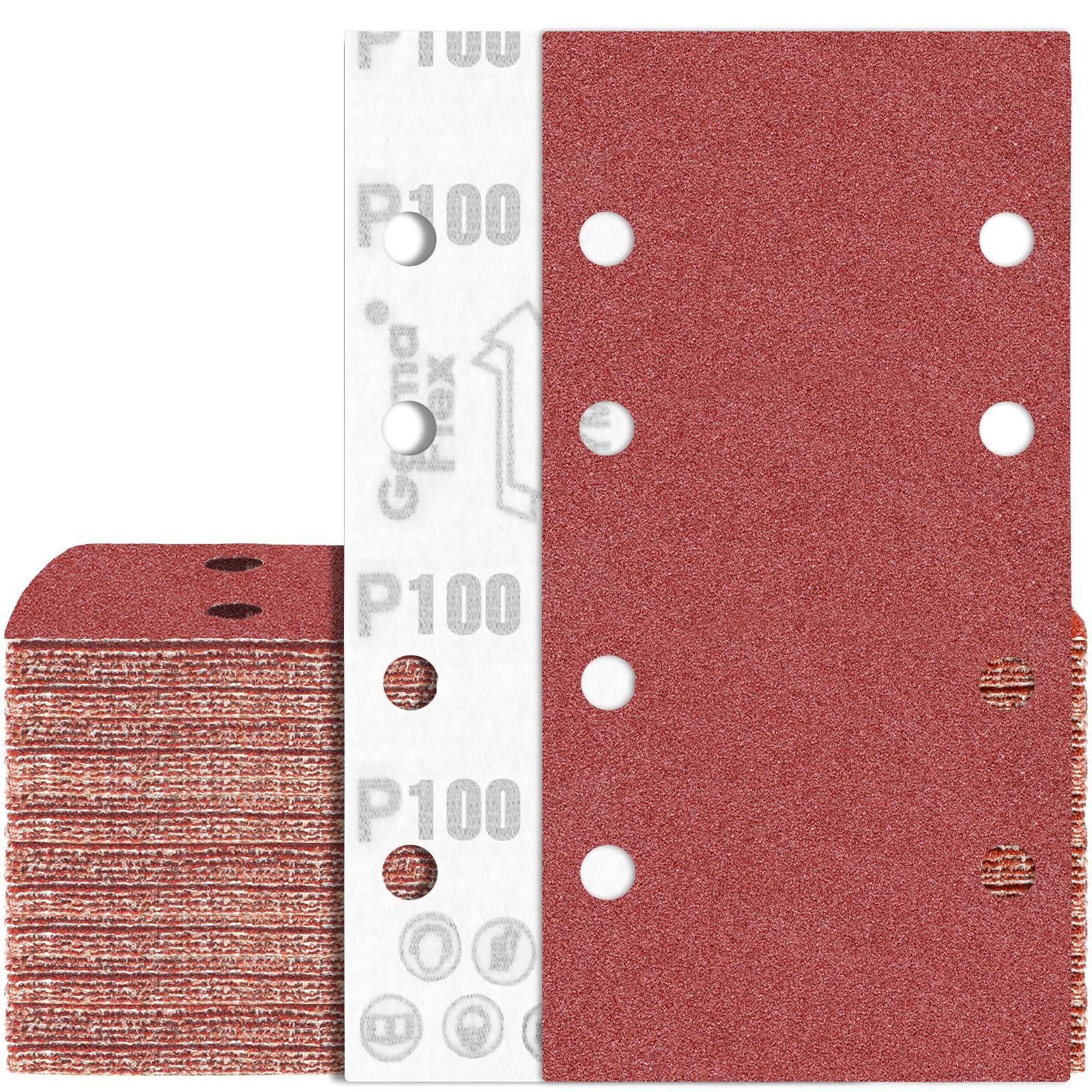 80PCS 93x185 mm Sanding Sheet P100 Sandpaper 8 Holes for 1/3 Sheet Finishing Sander, Red