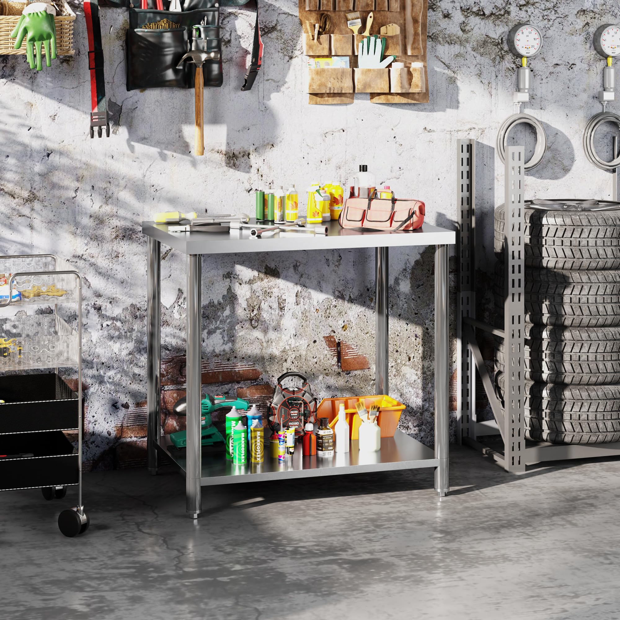 HOMCOM de Trabajo de Acero Inoxidable de preparación de Cocina 2 estantes, encimera para Cocina, Garaje, jardín, 90 x 60 x 86 cm, Plata