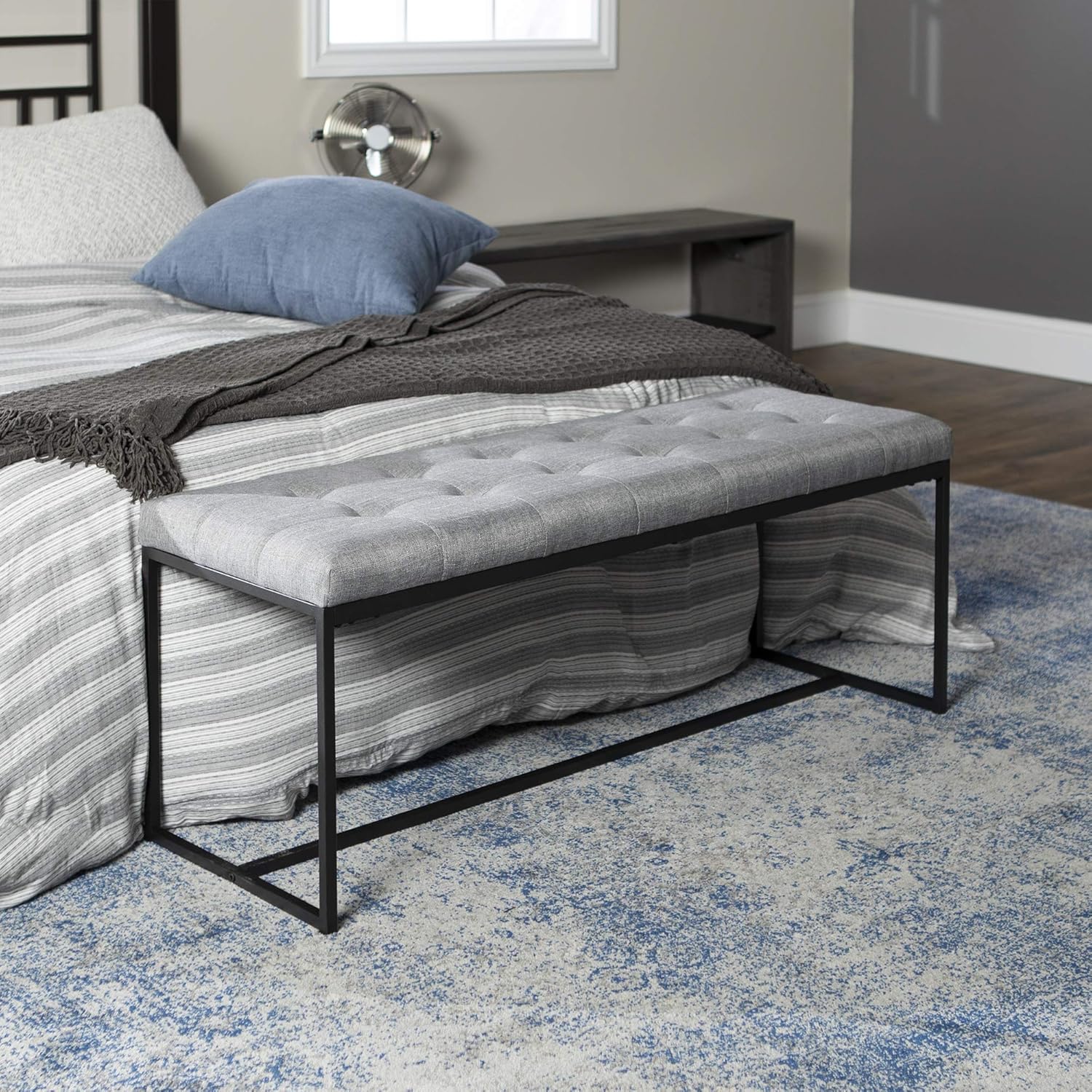 Walker Edison Modern Tufted Upholstered Entryway Bench Cushion Hallway Metal Bedroom Bench Ottoman, 48 Inch, Grey Grey Bench