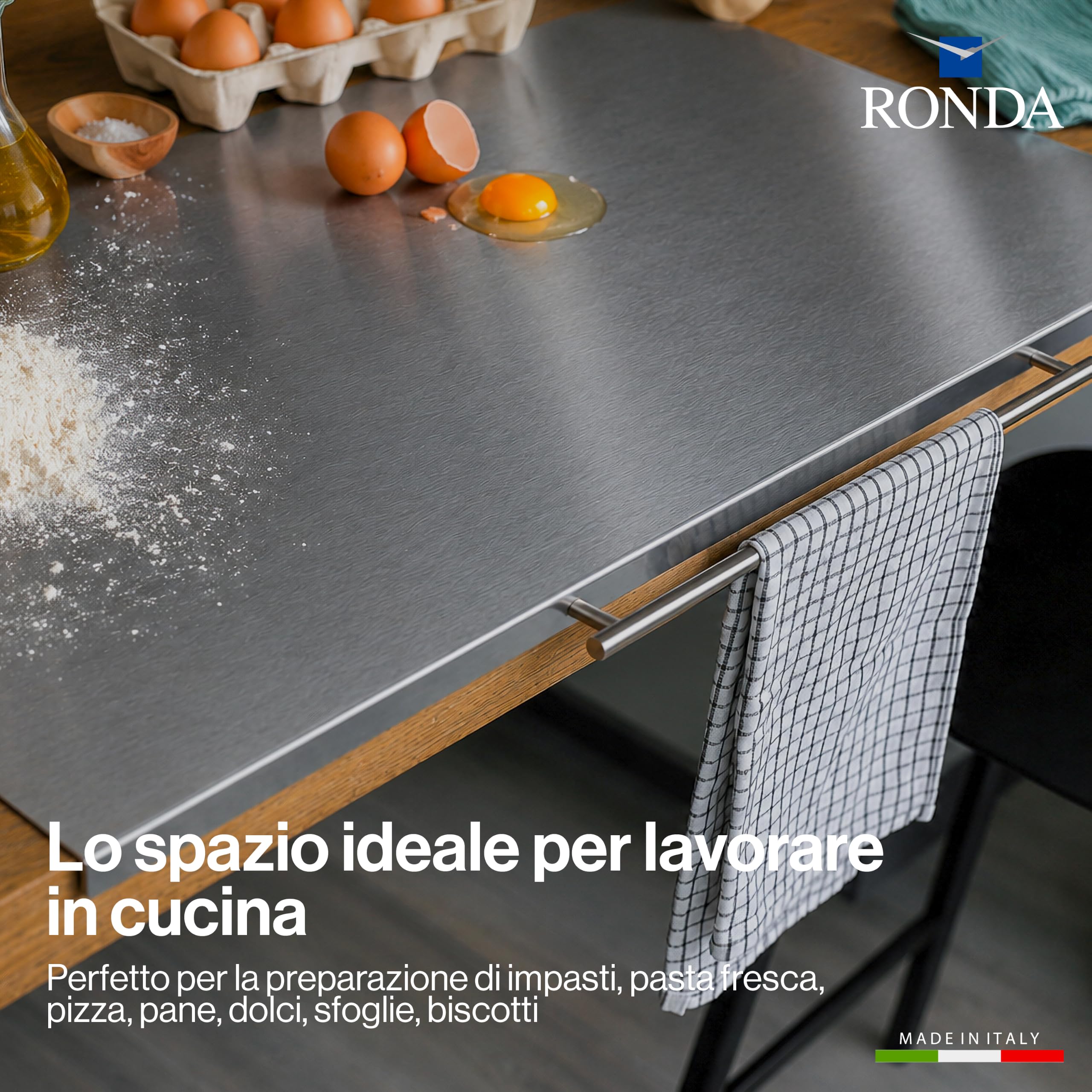 RONDA Tagliere Spianatoia Acciaio Inox 60x50 cm con Maniglia | Piano da Lavoro Alimentare Professionale, Antibatterico e Antiscivolo con Piega 2 cm per Impastare Pizza, Pane e Pasta