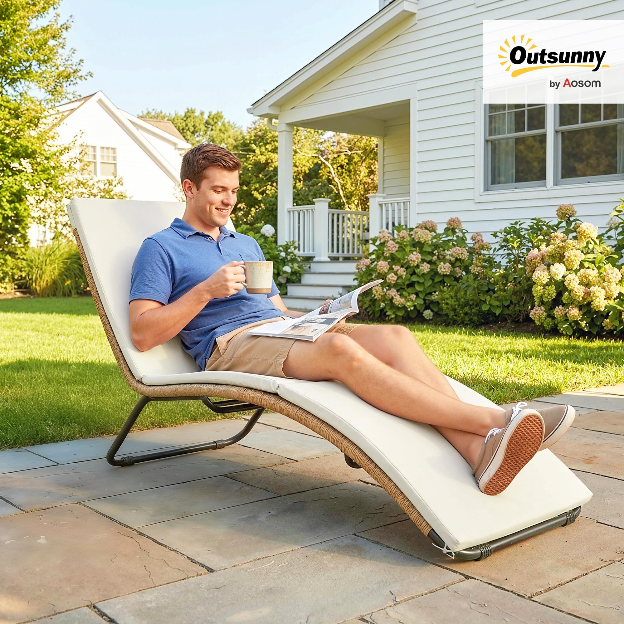 Outsunny leżanka rattanowa w kształcie litery S z poduszką, oddychająca powierzchnia, stalowa rama, odporna na UV, relaksacyjna leżanka ogrodowa meble do ogrodu, tarasu, basenu, kremowa
