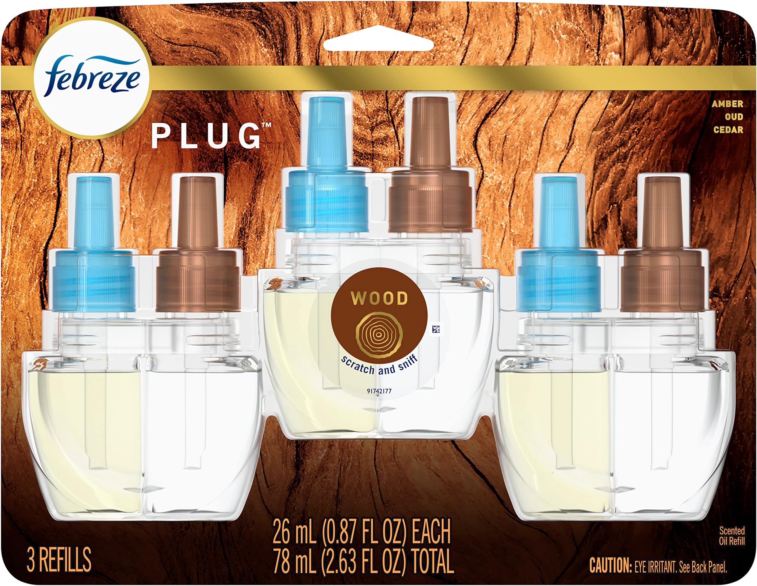 Febreze Origins Fade Defy PLUG Air Freshener & Odor Fighter, Wood, (3) .87 fl. oz. Oil Refills