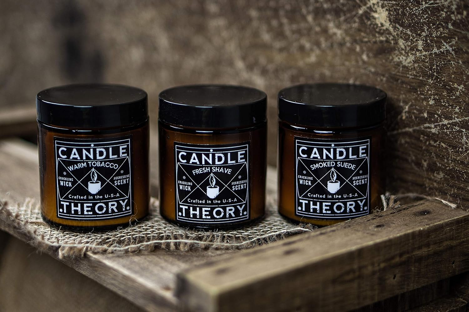 Candle Theory Man Cave Stuff Men 4oz Candles Set of 3, Crackling Woodwick Masculine Scent, Warm Tobacco Cigar, Smoked Suede, Fresh Shave - Image 6