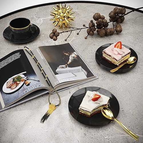 Miniatura 6 de Trendables Platos de postre desechables negros de 120 quilates con cucharas de plástico doradas (sirve para 60 personas) Platos de plástico negros