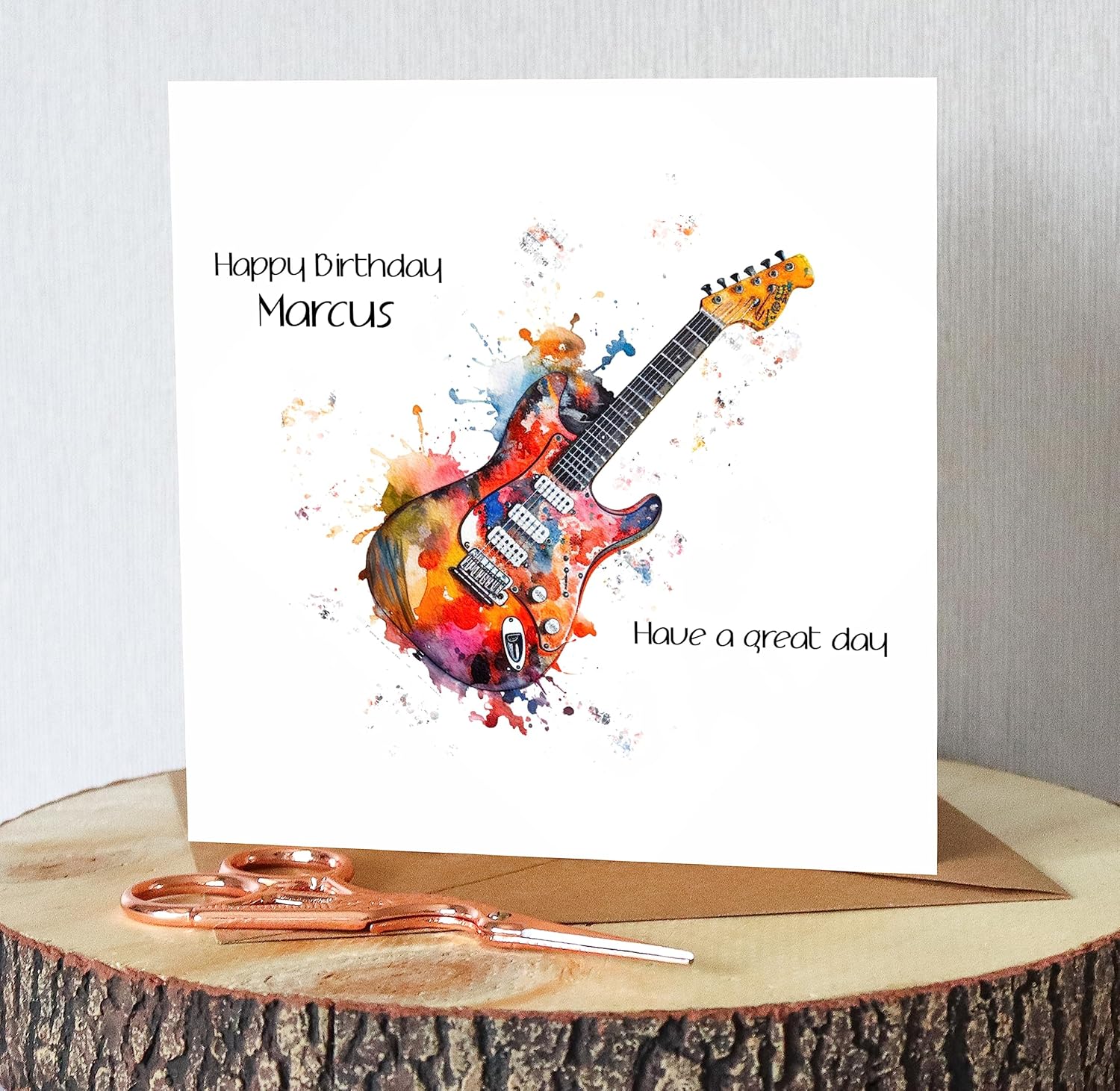 Personalised Electric Guitar Birthday Card Abstract Watercolour Add